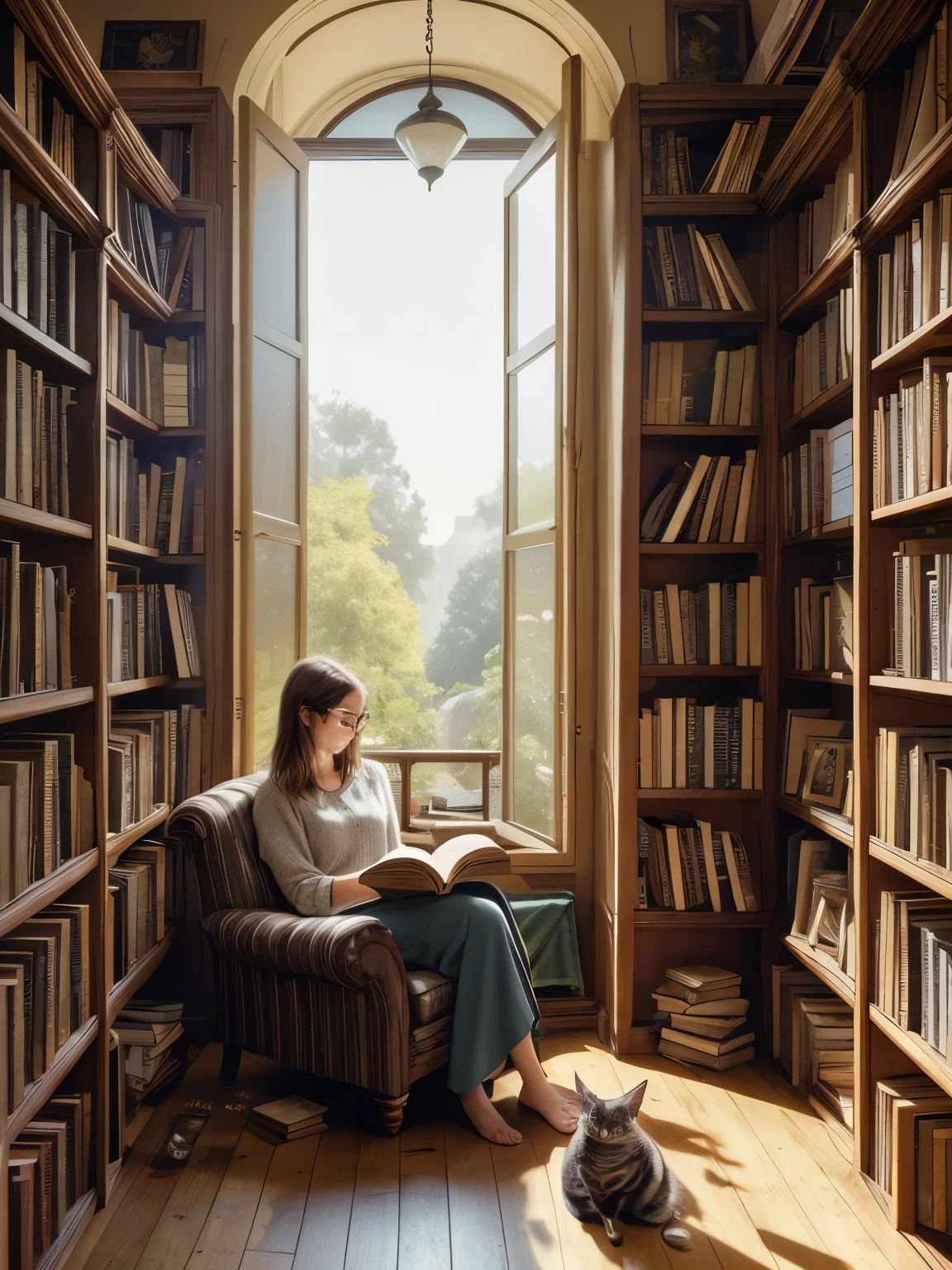 (best quality,4k,8k,highres,masterpiece:1.2),ultra-detailed,(realistic,photorealistic,photo-realistic:1.37),bookshop,beautiful girl in a bookshop,cozy atmosphere,wooden bookshelves,rows of books,faint scent of paper and ink,soft ambient lighting,reading nook with a comfortable armchair,antique desk,stacks of books on a reading table,books on art,history,and literature,vivid colors,soft warm color palette,gentle sunlight shining through the windows,peaceful and quiet ambiance,smiling girl enjoying a book,reading glasses,quietly turning pages,thoughtful expression,book lovers browsing the shelves,book covers with intricate designs,hanging plants adding a touch of greenery,coffee bar with barista brewing aromatic coffee,wooden floors and exposed brick walls,cosy corners for reading,inspiring quotes on the walls,antique typewriter on display,bookmarks with delicate illustrations,dusty smell of old books,character-filled staircase leading to a second-floor reading area,countryside view outside the windows,curled-up cats napping on the windowsills,steaming mugs of tea,friendly conversations whispered,secluded corners for contemplation,quaint bookshop sign hanging outside,book signings and literary events,bookshop cats roaming among the shelves,worn-out armchairs inviting readers to unwind,shelf ladders for reaching the topmost books,faded photographs of famous authors,a feel of nostalgia and romance,faint sound of pages being turned,bookshop owner recommending the latest novels,overflowing bookshelves with hidden treasures,scents of old and new books mixing in the air,artistic displays of books as works of art,mysterious door leading to a secret library,bookish quotes written on the stair risers,book club meetings filled with passionate discussions,hidden nooks for secret reading,cards and stationary with elegant designs,world maps and globes hinting at travel adventures,inspiration for young writers,love for stories and words,unending possibilities in every page,