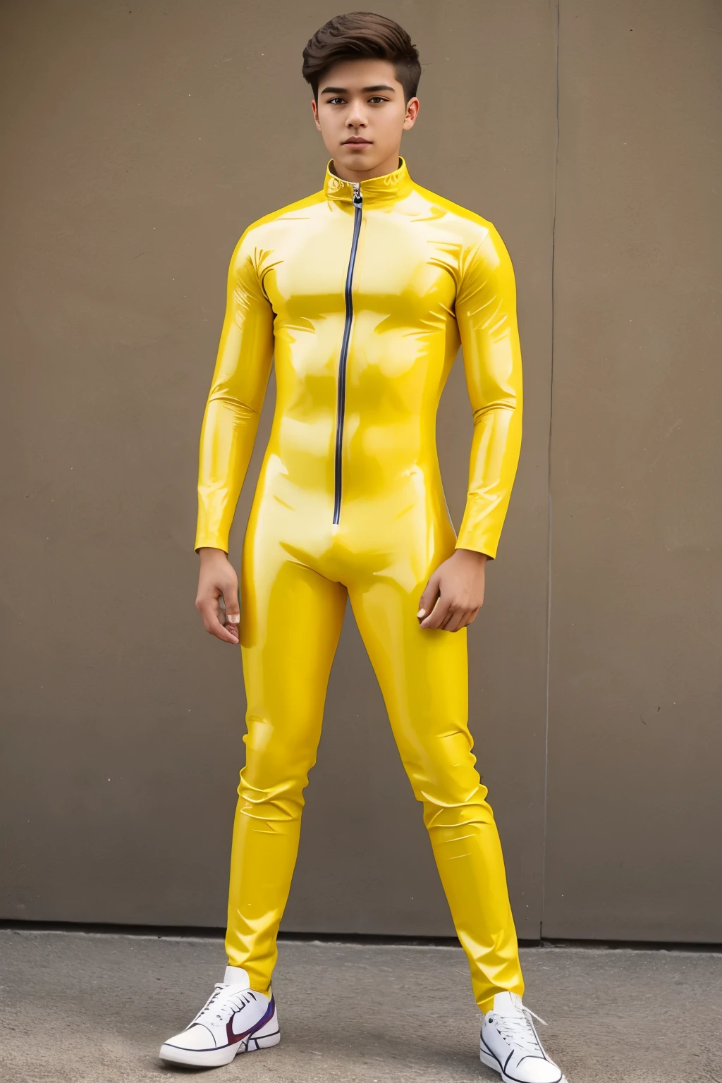 A high school Boy wears a tight yellow latex catsuit
