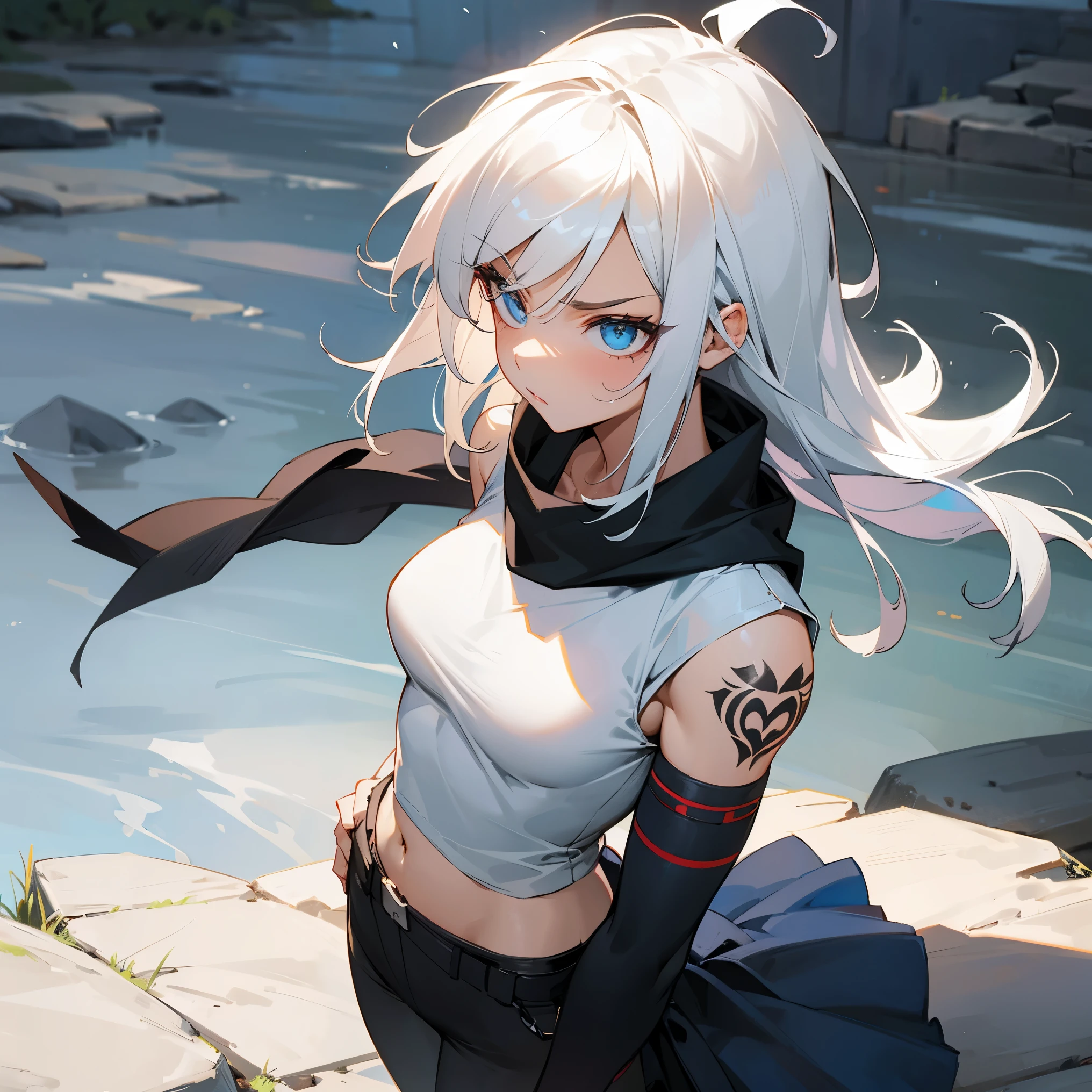 Black Cowl , White Hair , Tattoos , 1female , Standing on stone path , White T-Shirt , Wristguards, Muscular , Serious Expression , Adult 