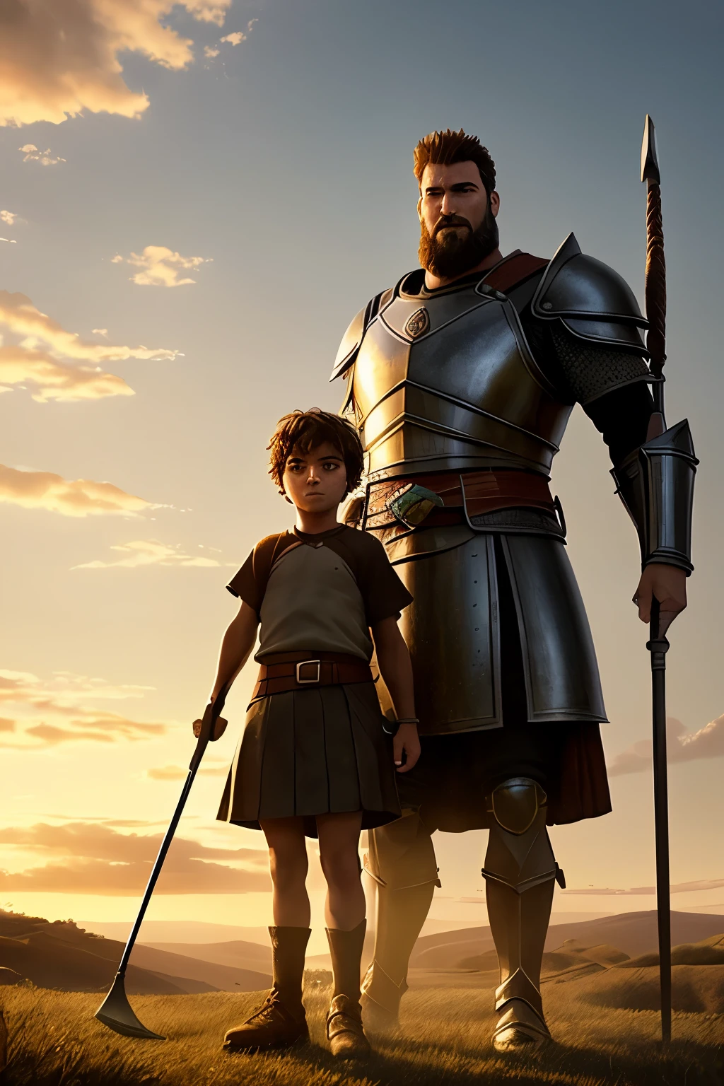 Create a David and Goliath image: a strong giant, towering at 3.5 meters tall, clad in armor and wielding a massive club, ready to strike. Across the battlefield, a pixar-style sheep shepherd stands bravely,  yet determined. With a courageous expression on his face and a sling in hand, he prepares to take on the formidable foe. The contrast between the giant's monstrous size and the shepherd's tiny frame amplifies the epitome of underdog spirit. The setting sun casts a warm glow on the scene, bathing it in a hdr effect and emphasizing the intr