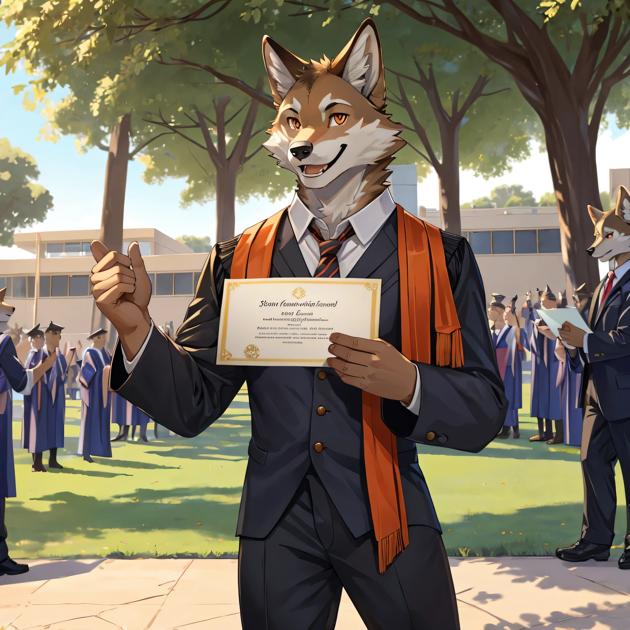 furry,alone,African wolf,man,Dark orange eyes(Realistic eye details 1.2),correct anatomy,Wear a graduation gown..,black pants,Holding certificate in left hand 1.2,(Realistic hand detail),Look at the audience..,Behind is a lawn and a school building..,Happy smiling face,jump(การjumpที่สมจริง 1.2)