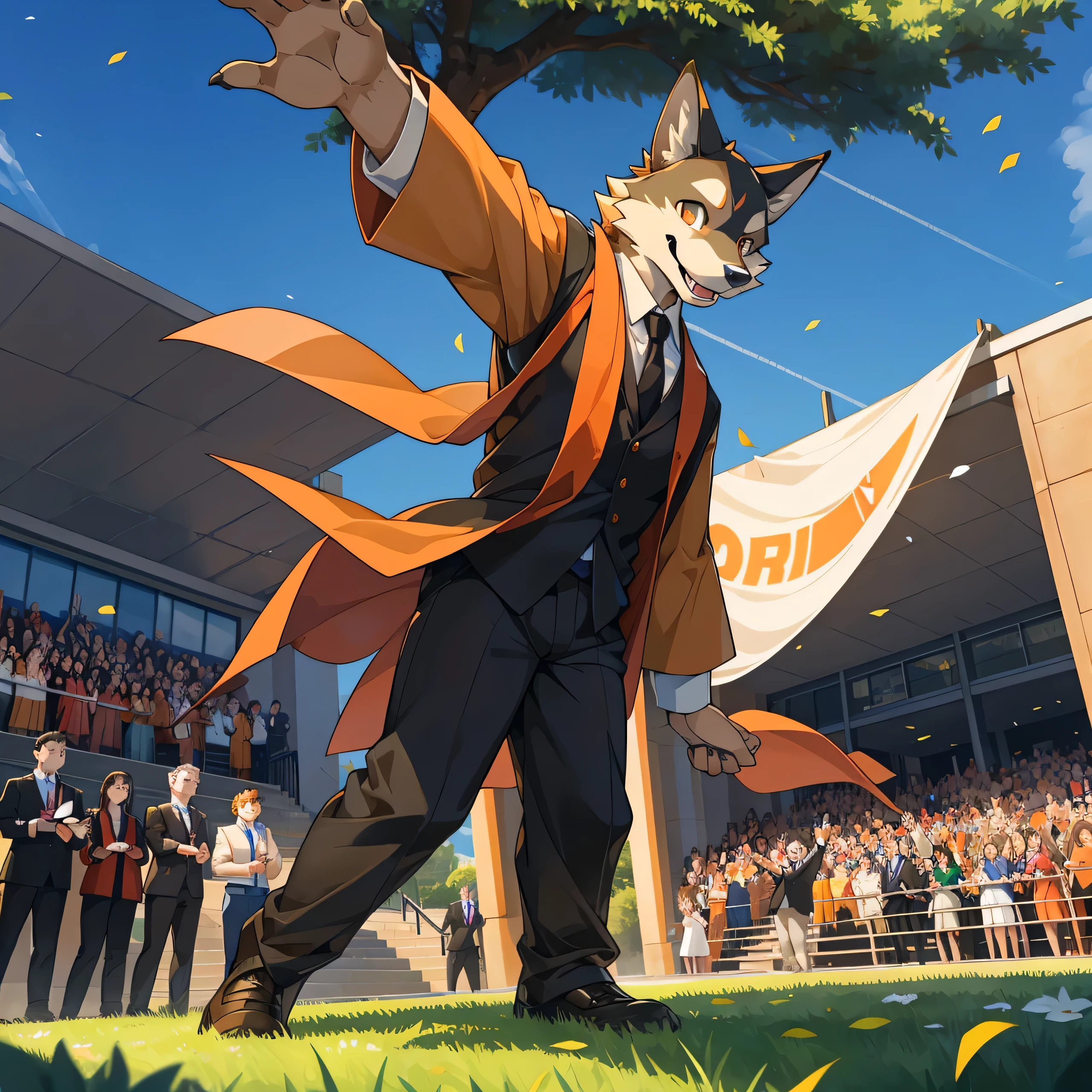 furry,alone,African wolf,man,Dark orange eyes(Realistic eye details 1.2),correct anatomy,Wear a graduation gown..,black pants,Wave your left hand back and forth..,Look at the audience..,Behind is a lawn and a school building..,Happy smiling face