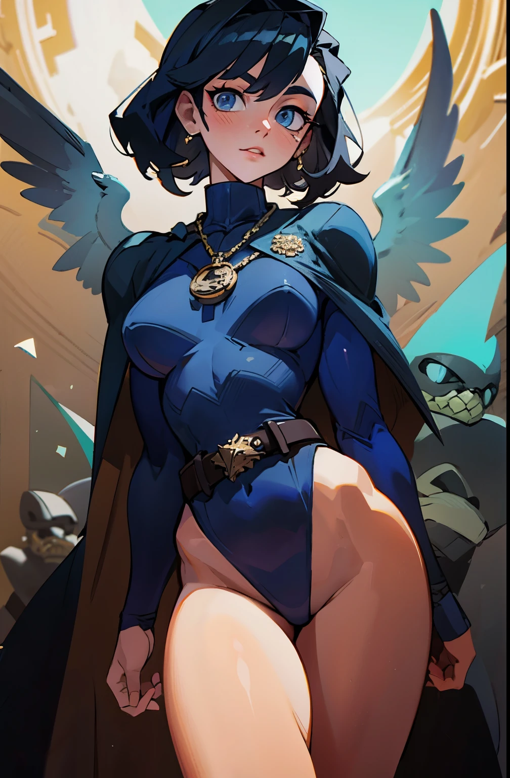enjinight as Raven, solo cowboy shot, pale skin, black leotard, turtleneck, sexy hip and thighs, very large hips, dark blue cape, gold belt, jewels, medallion, athletic, looking at viewer, soft blue mist, fog, volumetric lighting, best quality, masterpiece, intricate details, sharp focus, hyper detailed, in pastelvectorai style