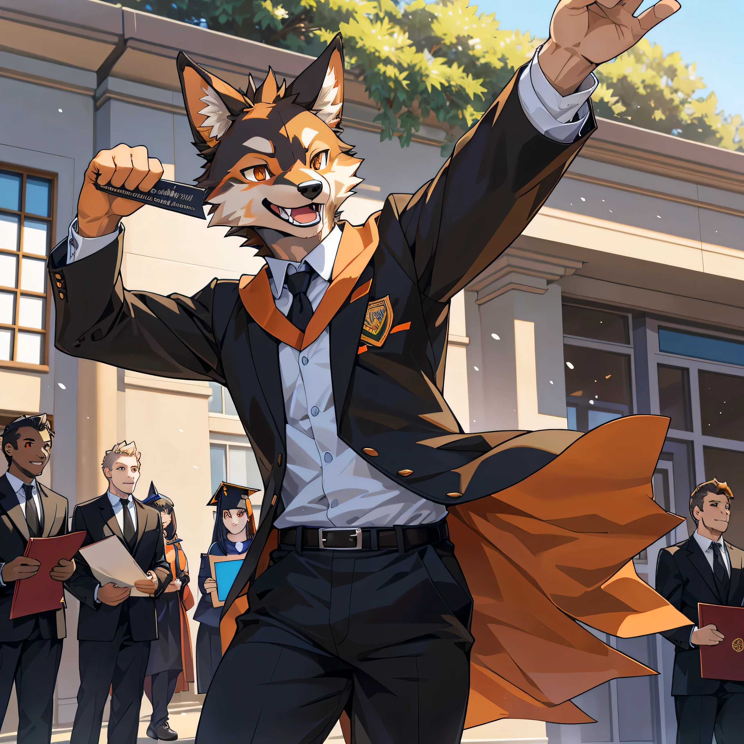 furry,alone,African wolf,man,Dark orange eyes(Realistic eye details 1.2),correct anatomy,Wear a graduation gown..,black pants,Realistic costume details,Holding certificate in left hand 1.2,(Realistic holding details 1.4),Look at the audience..,Behind is a lawn and a school building..,Happy smiling face