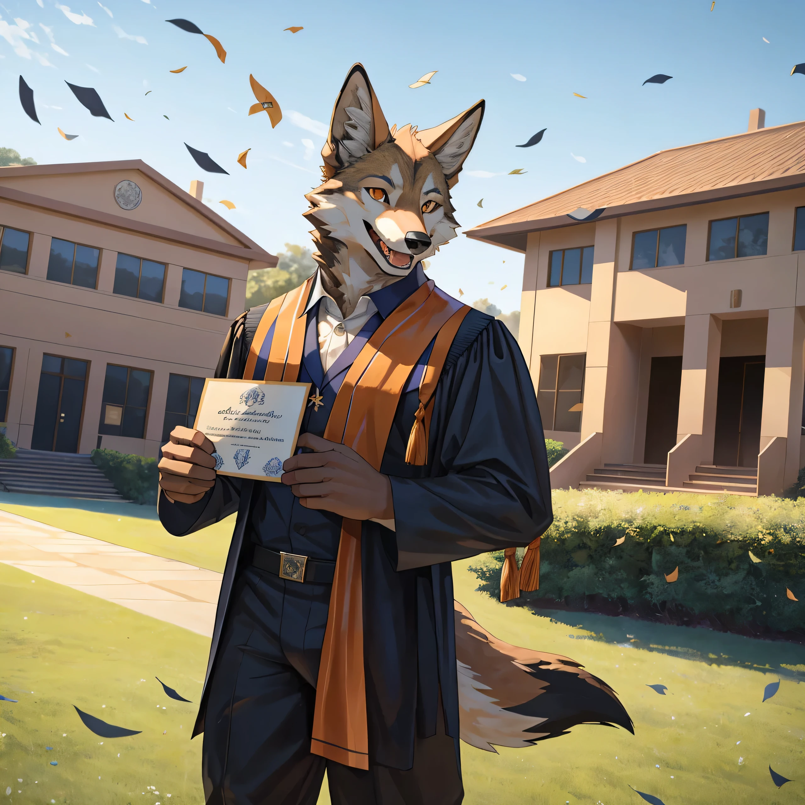 furry,alone,African wolf,man,Dark orange eyes(Realistic eye details 1.2),correct anatomy,Wear a graduation gown..,black pants,Realistic costume details,Holding certificate in left hand 1.2,(Realistic holding details 1.4),Look at the audience..,Behind is a lawn and a school building..,Happy smiling face