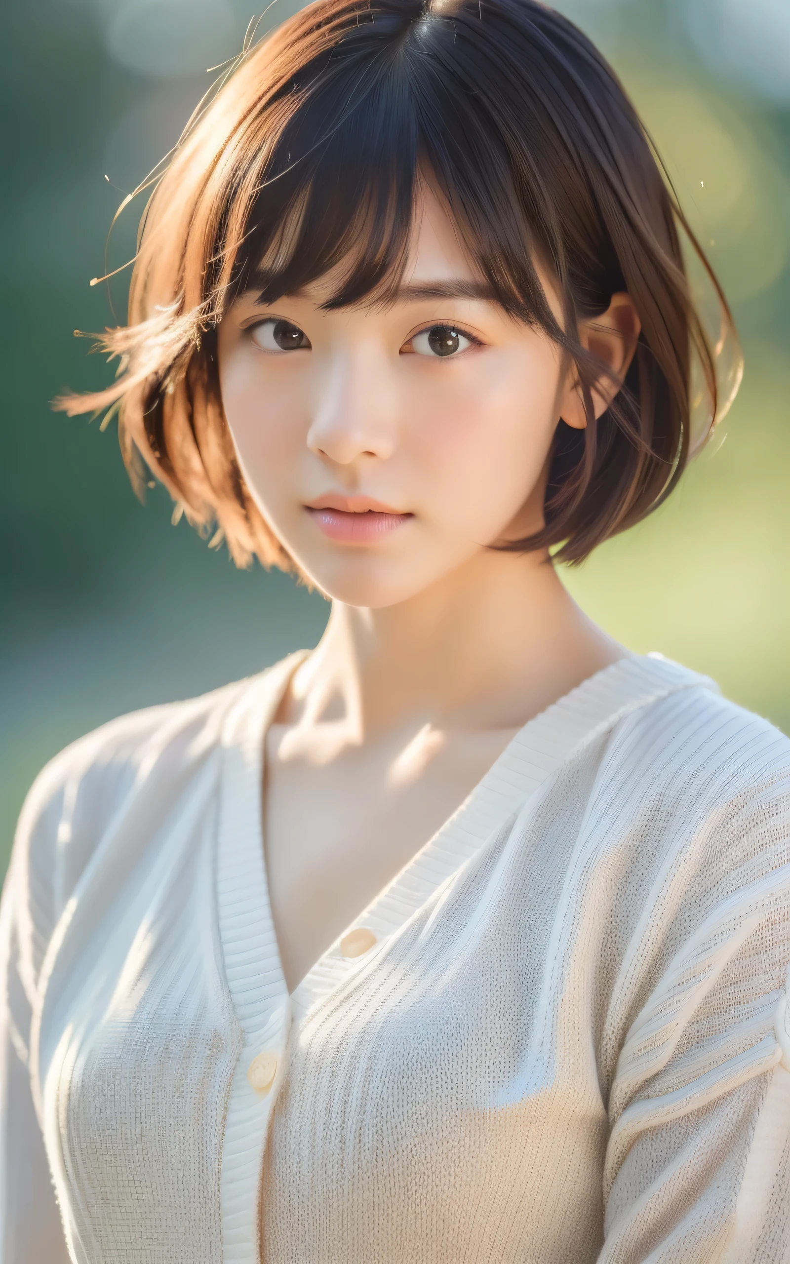 (masterpiece, highest quality, RAW photo, realistic:1.2), 1 girl, look away, sad, beautiful girl, cute, delicate girl, short hair, written boundary depth, High resolution, Super detailed, detailed, 非常にdetailedな目と顔, realistic student, sharp focus, cinematic lighting, Upper body, bangs, knit sweater,