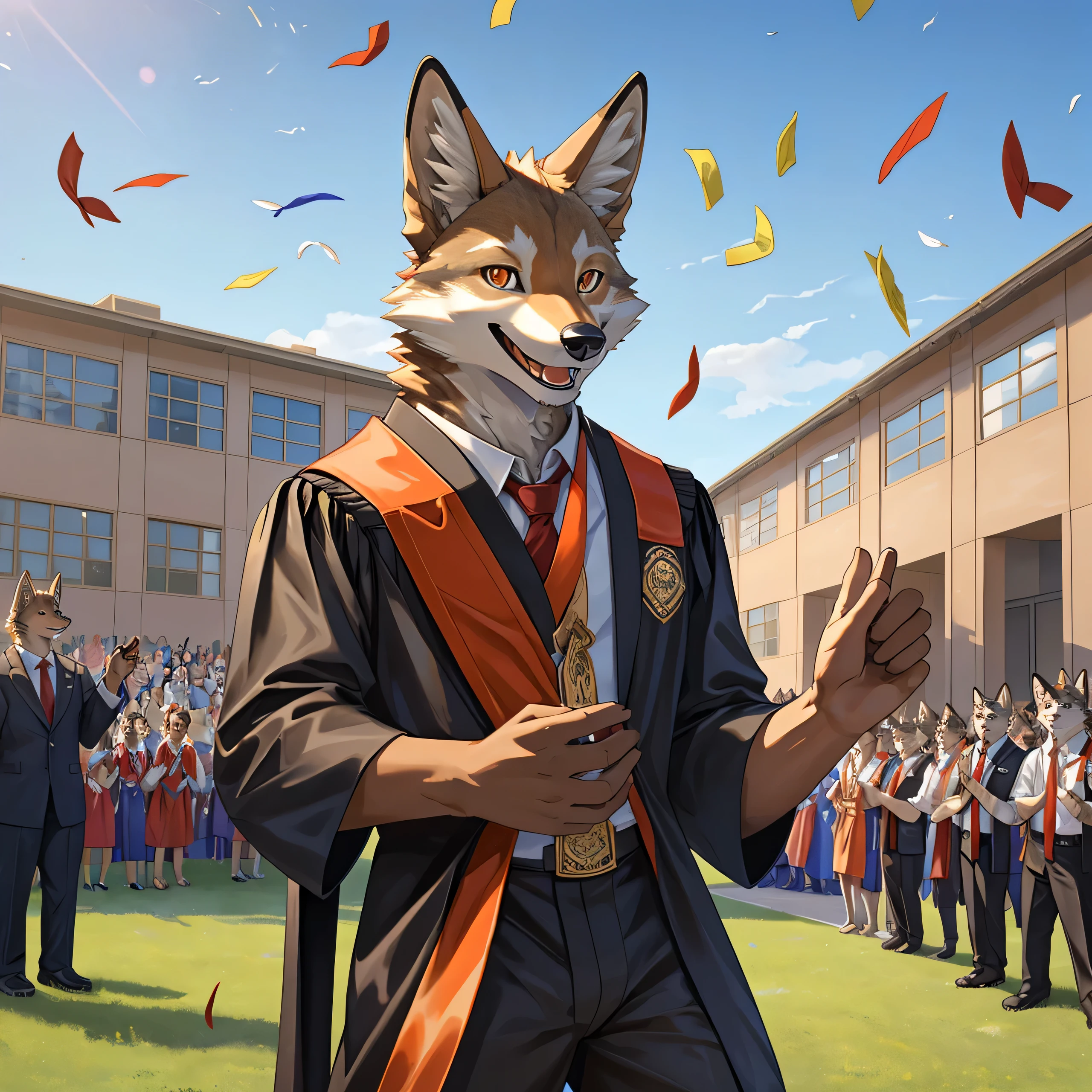 furry,alone,African wolf,man,Dark orange eyes(Realistic eye details 1.2),correct anatomy,Wear a graduation gown..,black pants,Realistic costume details,,Wave your left hand back and forth..,Look at the audience..,Behind is a lawn and a school building..,Happy smiling face