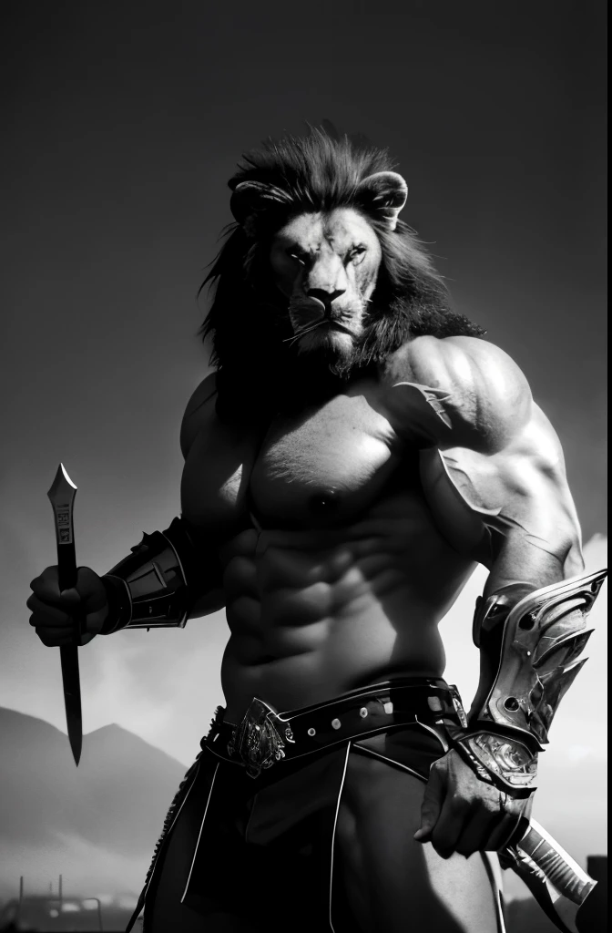 Aggressive Ripped A black and white photo of a man with a lion head holding a sword ...