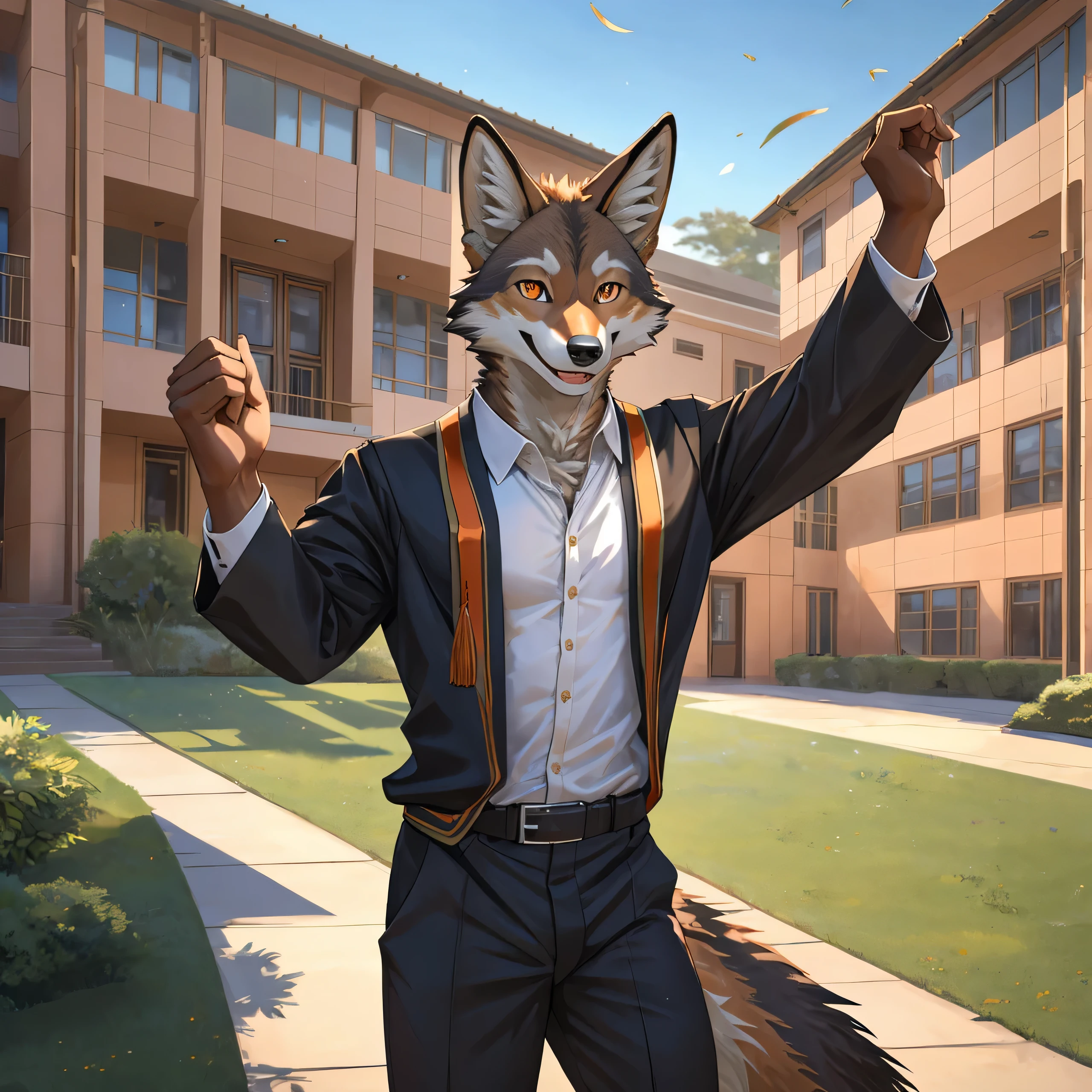 furry,alone,African wolf,man,Dark orange eyes(Realistic eye details 1.2),correct anatomy,Wear a graduation gown..,black pants,Realistic costume details,,Wave your left hand back and forth..,Look at the audience..,Behind is a lawn and a school building..,Happy smiling face