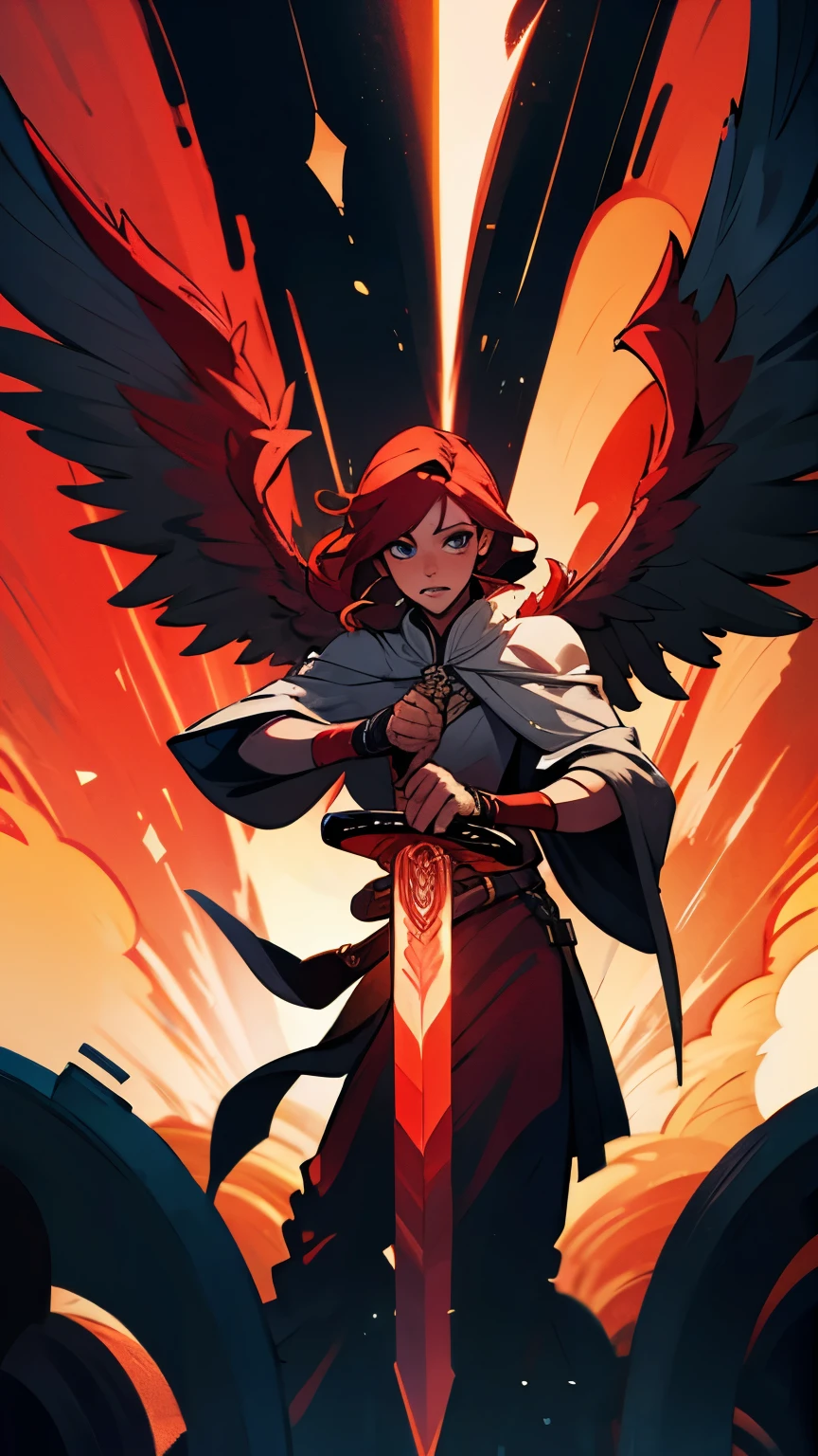 bloody deity, man, long red sword in hand, 6 wings