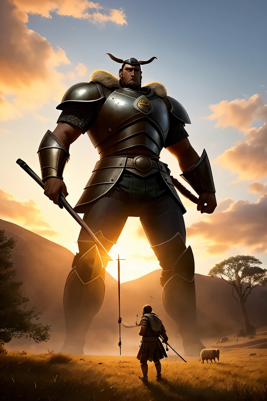 Create a David and Goliath image: a strong giant, towering at 3.5 meters tall, clad in armor and wielding a massive club, ready to strike. Across the battlefield, a pixar-style sheep shepherd stands bravely,  yet determined. With a courageous expression on his face and a sling in hand, he prepares to take on the formidable foe. The contrast between the giant's monstrous size and the shepherd's tiny frame amplifies the epitome of underdog spirit. The setting sun casts a warm glow on the scene, bathing it in a hdr effect and emphasizing the intr