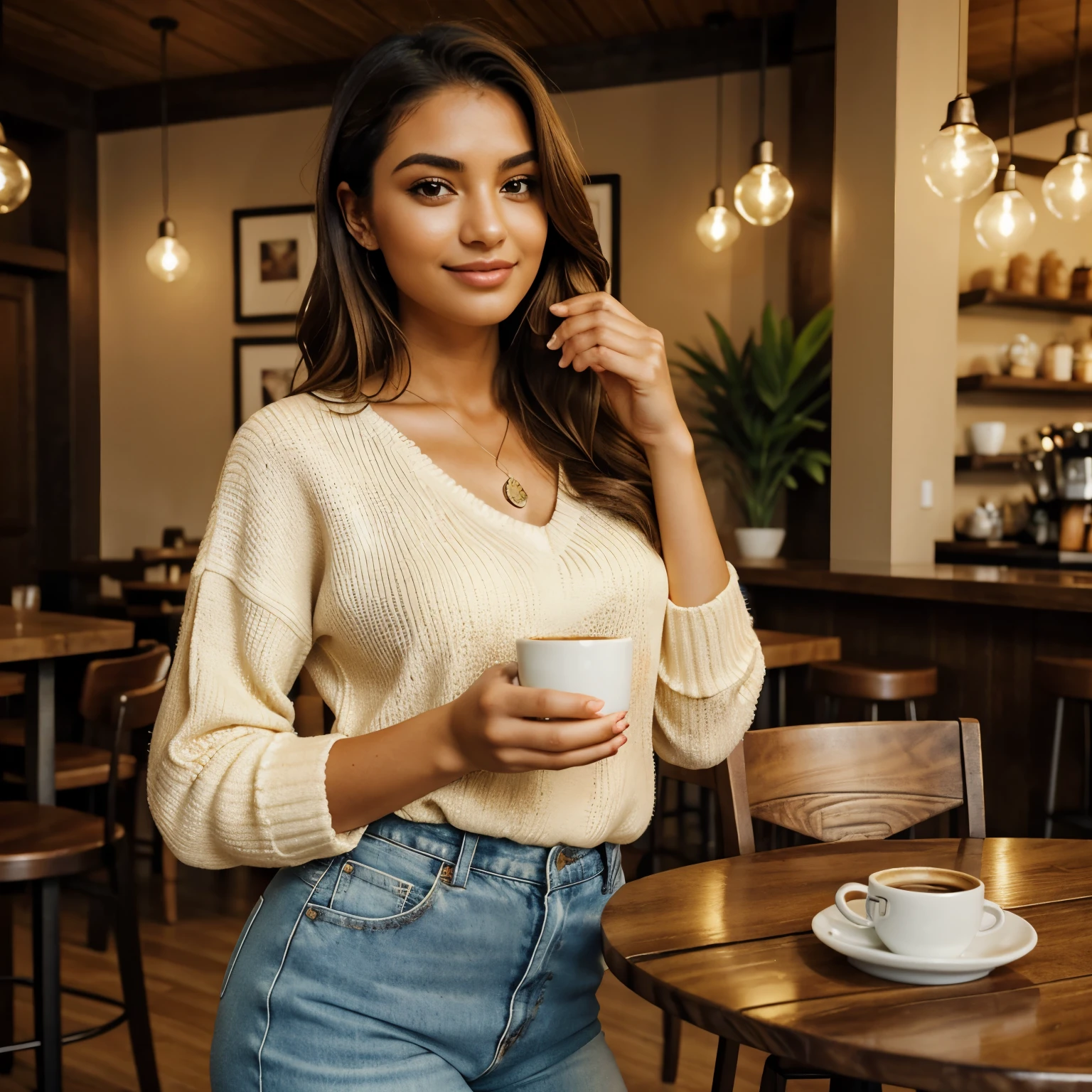 Generate heartwarming photos of outono, O influenciador encantador, Enjoying a spiced latte, Synthesizing the essence of autumn delight. outono, na casa dos 20 anos, fica em cerca de 5'4", com longa, cabelos castanhos ondulados caindo graciosamente sobre seus ombros. Your Athletic Hourglass Figure, acentuado por um busto cheio, Pairs beautifully with her flawless, bronzeado beijado pelo sol. outono's expressive brown eyes radiate charisma, espelhando seu comportamento relaxado e confiante.

outono's cozy chic ensemble reflects her impeccable style. Ela se adorna em um suave, large sweater, sua cor convidativa envolvendo-a, Paired with snug fit, High-waisted jeans that highlight your figure with sophistication.

O charme, rustic coffee shop setting immerses outono in the warmth of fall, Adorned with autumnal décor that enhances the cozy ambiance. macio, Diffused lighting envelops it in a golden glow, criando uma atmosfera convidativa. Os arredores incluem assentos aconchegantes, Rustic wooden tables, and the rich aroma of freshly brewed coffee, all capturing the essence of outono's delightful coffee experience.

Em momentos sinceros, outono enjoys her spiced latte, perdido em pensamento enquanto olha pela janela ou compartilha um sorriso brilhante. The photos capture the coziness and tranquility of the café, refletindo a alegria simples de beber uma bebida quente. Natural lighting enhances the inviting ambience, bringing to life the essence of outono's delightful coffee experience.

Com maquiagem intensa, um ambiente aconchegante, and meticulously symmetrical features, The photos adopt photorealistic techniques such as path tracing, specular lighting, volumetric face light, hair traced on the way, visible shadows, e detalhes intrincados. This creates an elaborate and hyper-realistic portrayal of outono's heartwarming coffee moments.