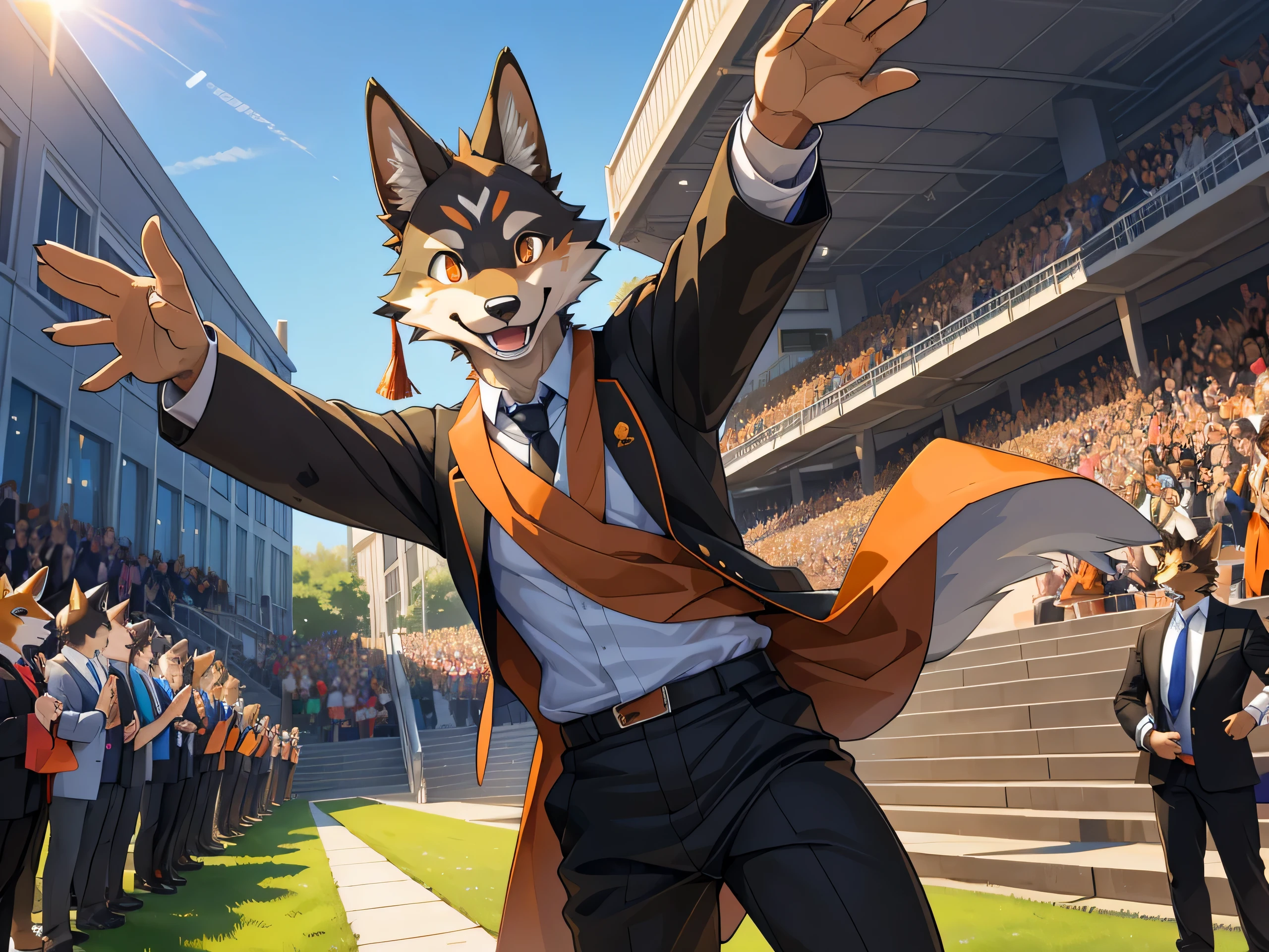 furry,alone,African wolf,man,Dark orange eyes(Realistic eye details 1.2),correct anatomy,Wear a graduation gown..,black pants,Realistic costume details,,Wave your left hand back and forth..,Look at the audience..,Behind is a lawn and a school building..,Happy smiling face