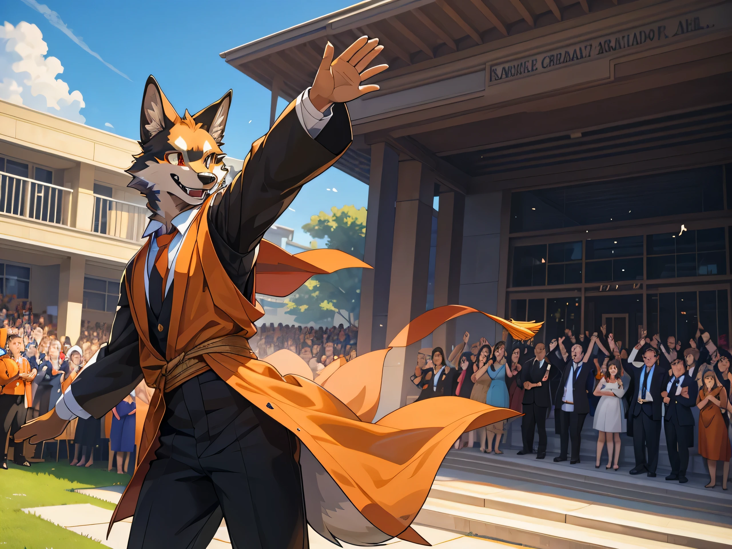 furry,alone,African wolf,man,Dark orange eyes(Realistic eye details 1.2),correct anatomy,Wear a graduation gown..,black pants,Realistic costume details,,Wave your left hand back and forth..,Look at the audience..,Behind is a lawn and a school building..,Happy smiling face