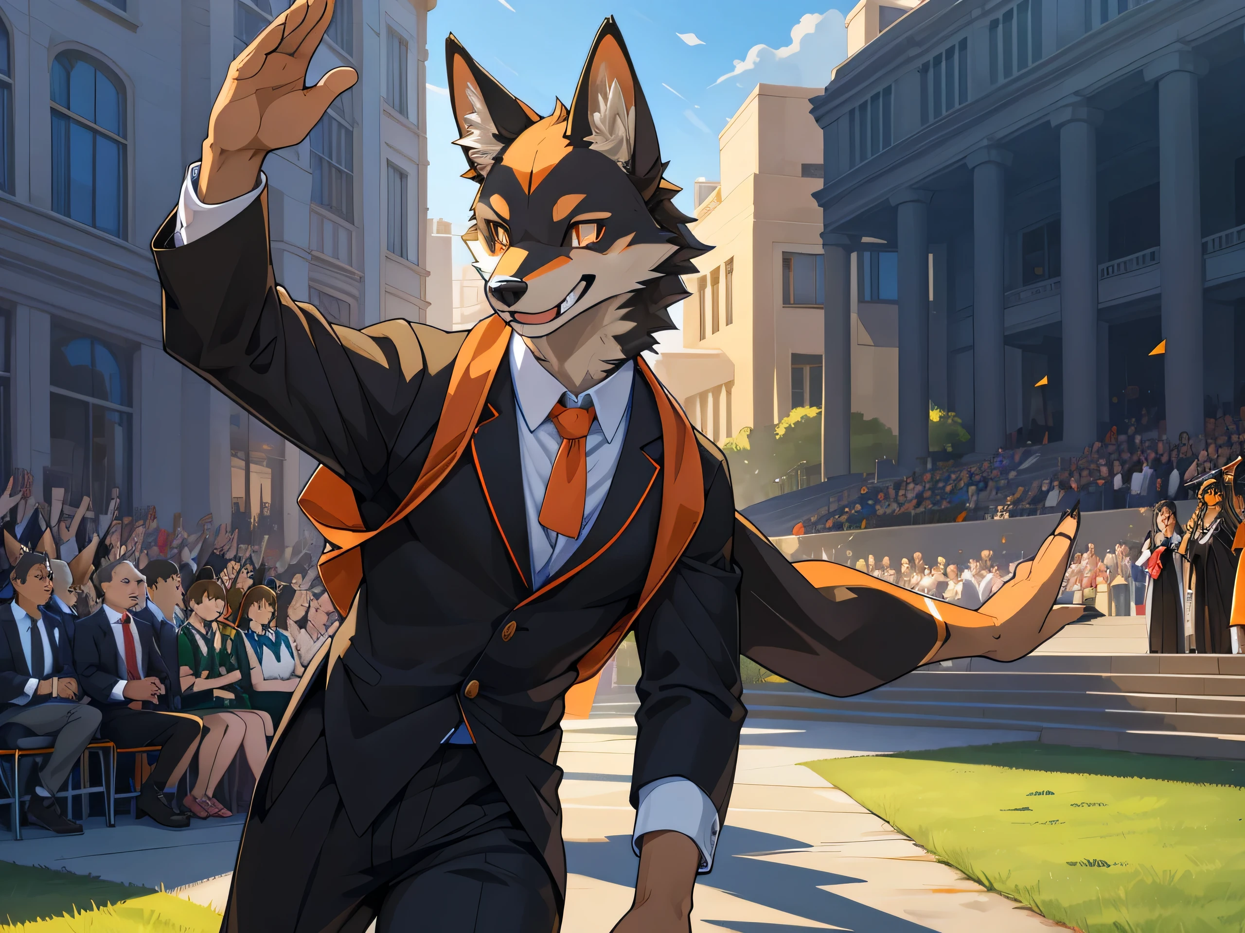 furry,alone,African wolf,man,Dark orange eyes(Realistic eye details 1.2),correct anatomy,Wear a graduation gown..,black pants,Realistic costume details,,Wave your left hand back and forth..,Look at the audience..,Behind is a lawn and a school building..,Happy smiling face