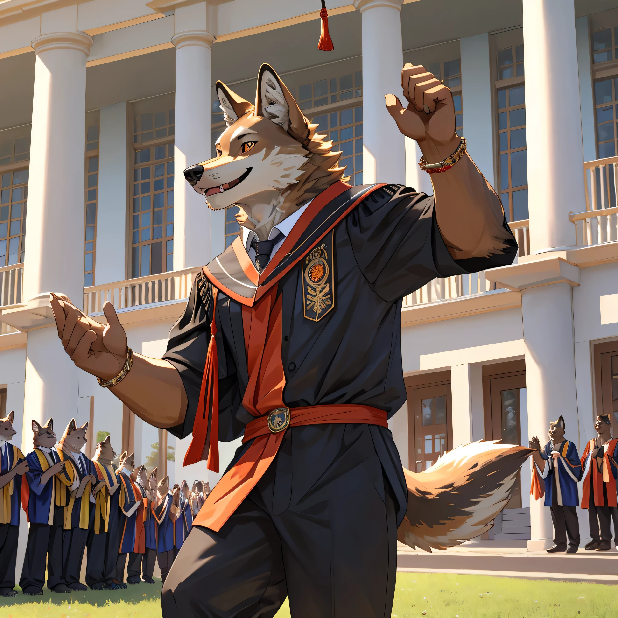 furry,alone,African wolf,man,Dark orange eyes(Realistic eye details 1.2),correct anatomy,Wear a graduation gown..,black pants,Realistic costume details,,Wave your left hand back and forth..,Look at the audience..,Behind is a lawn and a school building..,Happy smiling face