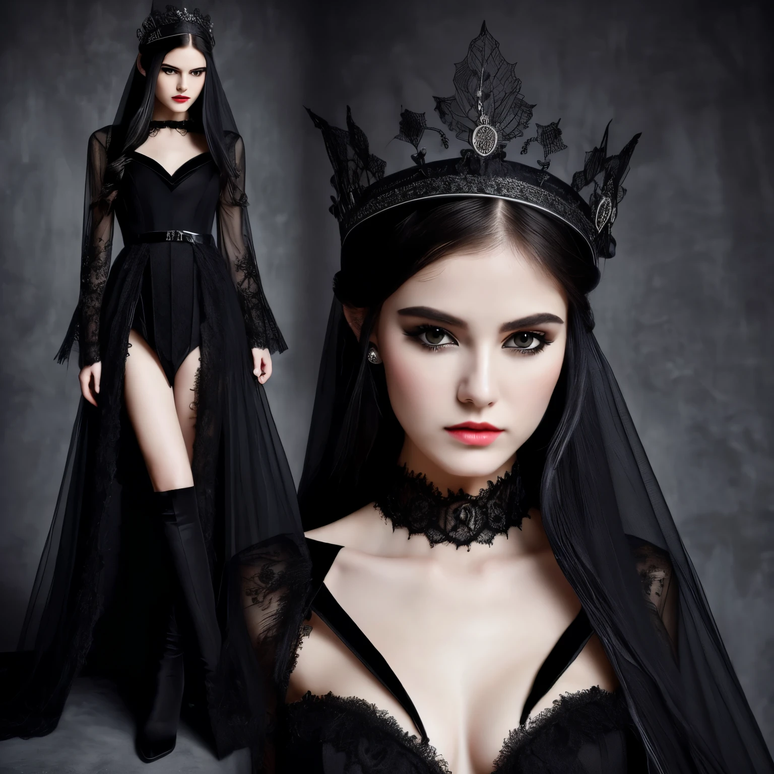 ((highest quality)), ((masterpiece)), (be familiar with), perfect face　[highest quality　masterpiece]cold eyes　despise　Black lace falls down to the eyes　black pointed crown　black dress　black feather decoration　dark queen　fantasy　black velvet curtains