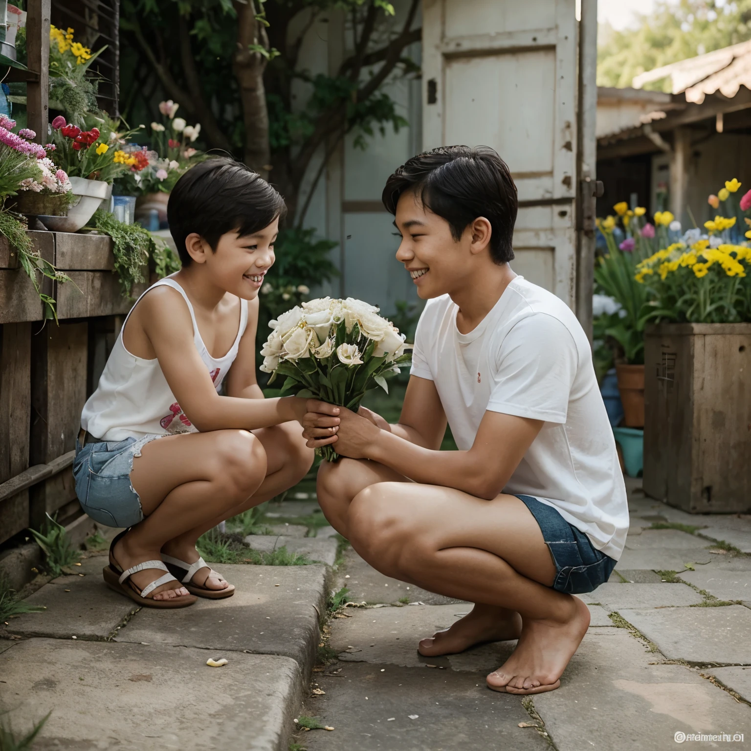 3D cartoon of a Thai boy with short hair and skinhead, 8 , kneeling, handing a bouquet of flowers to a bob-haired girl with both hands but being ignored and turning away and sticking one foot in the boy's face.
There are letters "Valentine day" that flow beautifully. that is clearly visible in the picture The background is a fresh market in the countryside in the morning, with people standing and watching and laughing.