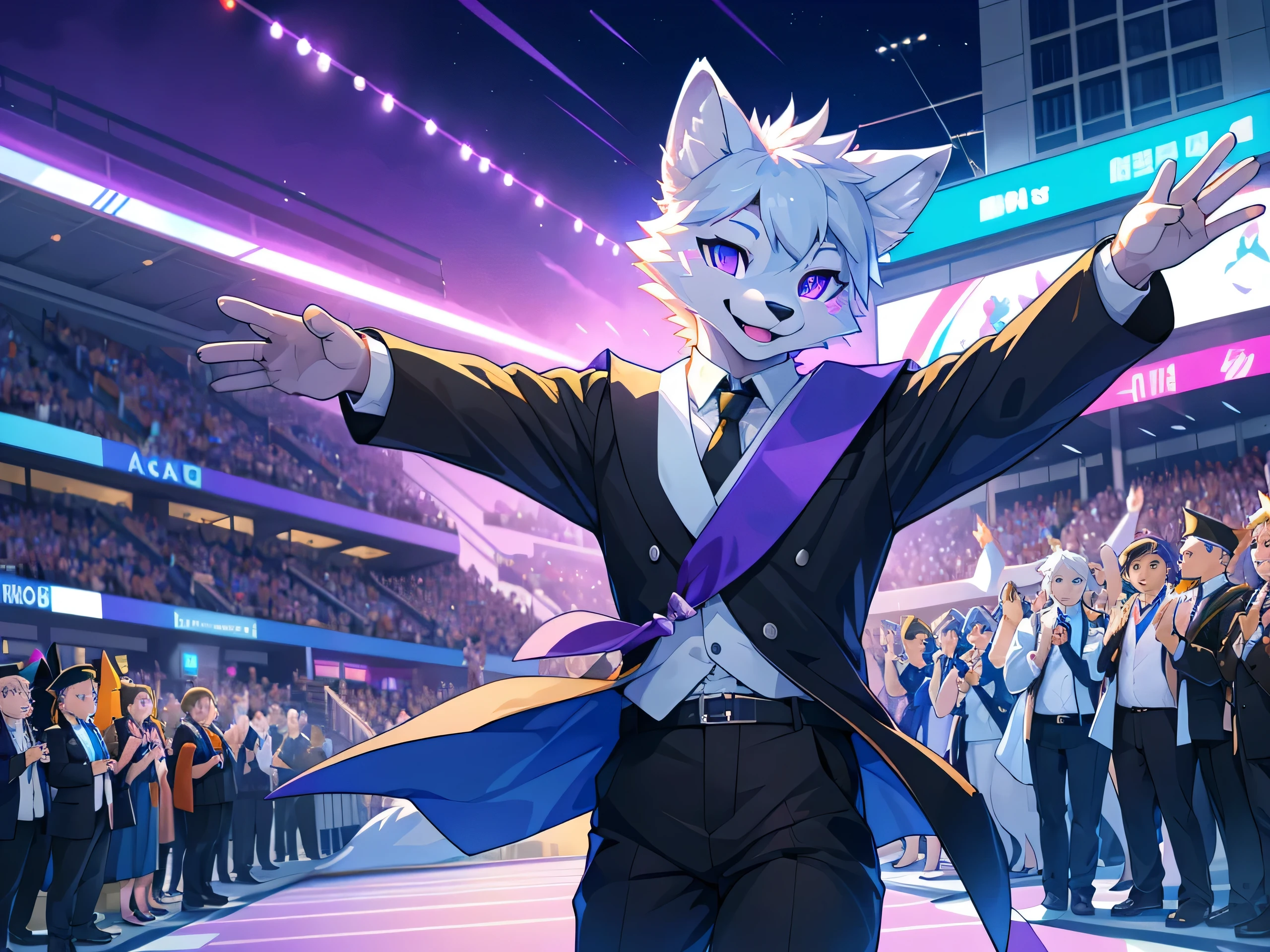 furry,Arctic Fox,man,neon purple eyes(Realistic eye details 1.2),correct anatomy,Wear a graduation gown..,black pants,Realistic costume details,,Wave your left hand back and forth..,Look at the audience..,Behind is a lawn and a school building..,Happy smiling face