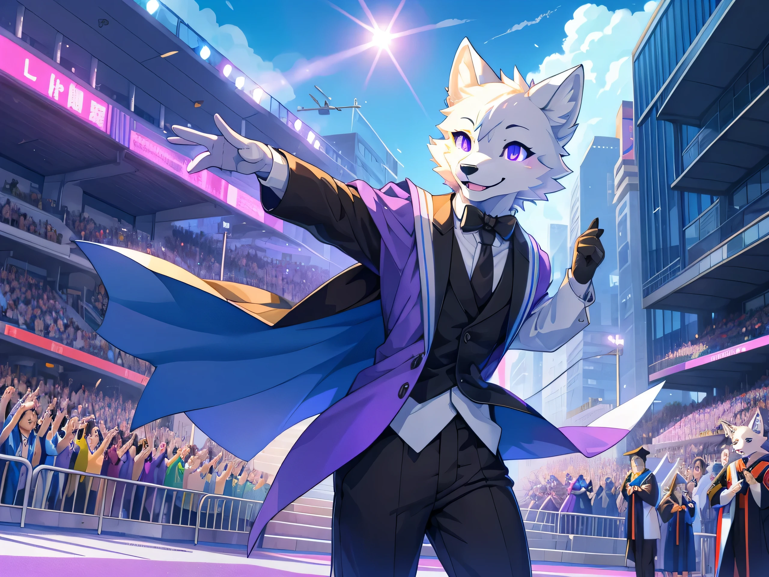 furry,Arctic Fox,man,neon purple eyes(Realistic eye details 1.2),correct anatomy,Wear a graduation gown..,black pants,Realistic costume details,,Wave your left hand back and forth..,Look at the audience..,Behind is a lawn and a school building..,Happy smiling face