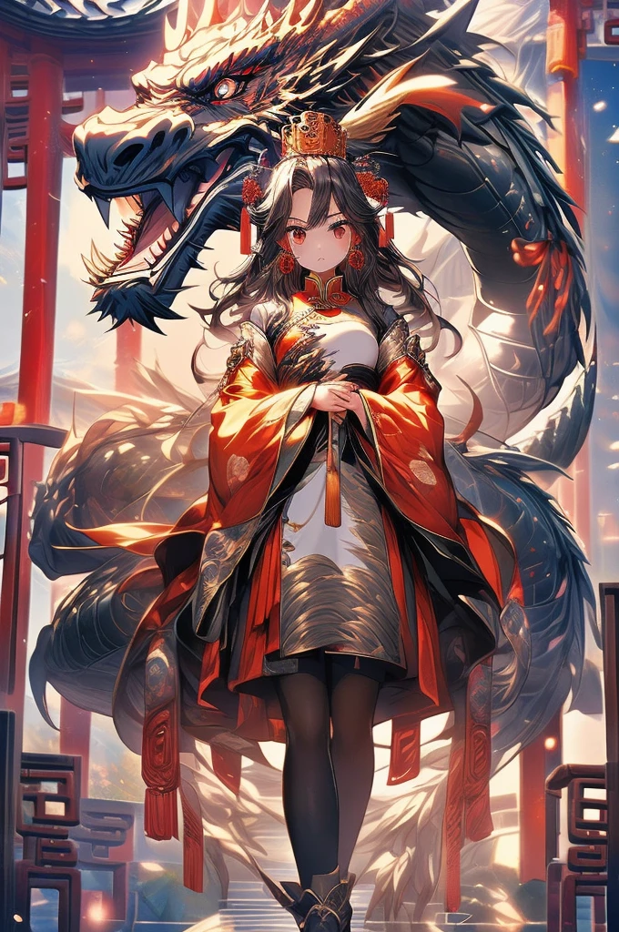 a girl with a Eastern dragon, chinese clothes, Dunhuang style, jewelry, earrings, hair ornament, wide sleeves, PIXIV, midjourney portrait, panoramic view, Ultra high saturation, (best quality, masterpiece, Representative work, official art, Professional, 8k:1.3)