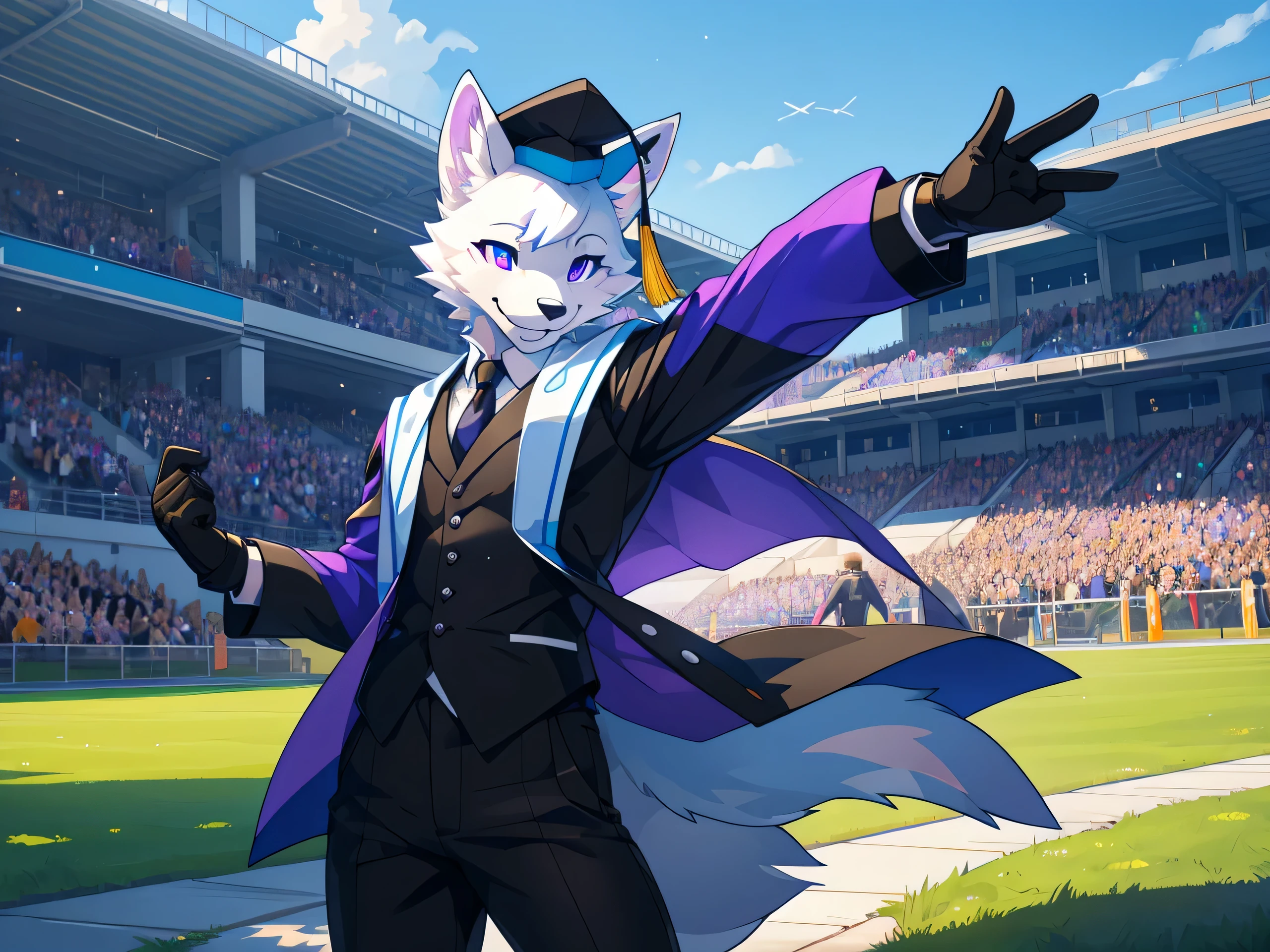 furry,Arctic Fox,man,neon purple eyes(Realistic eye details 1.2),correct anatomy,Wear a graduation gown..,black pants,Realistic costume details,Wave your left hand back and forth..,Wear black gloves..,Look at the audience..,Behind is a lawn and a school building..,Happy smiling face