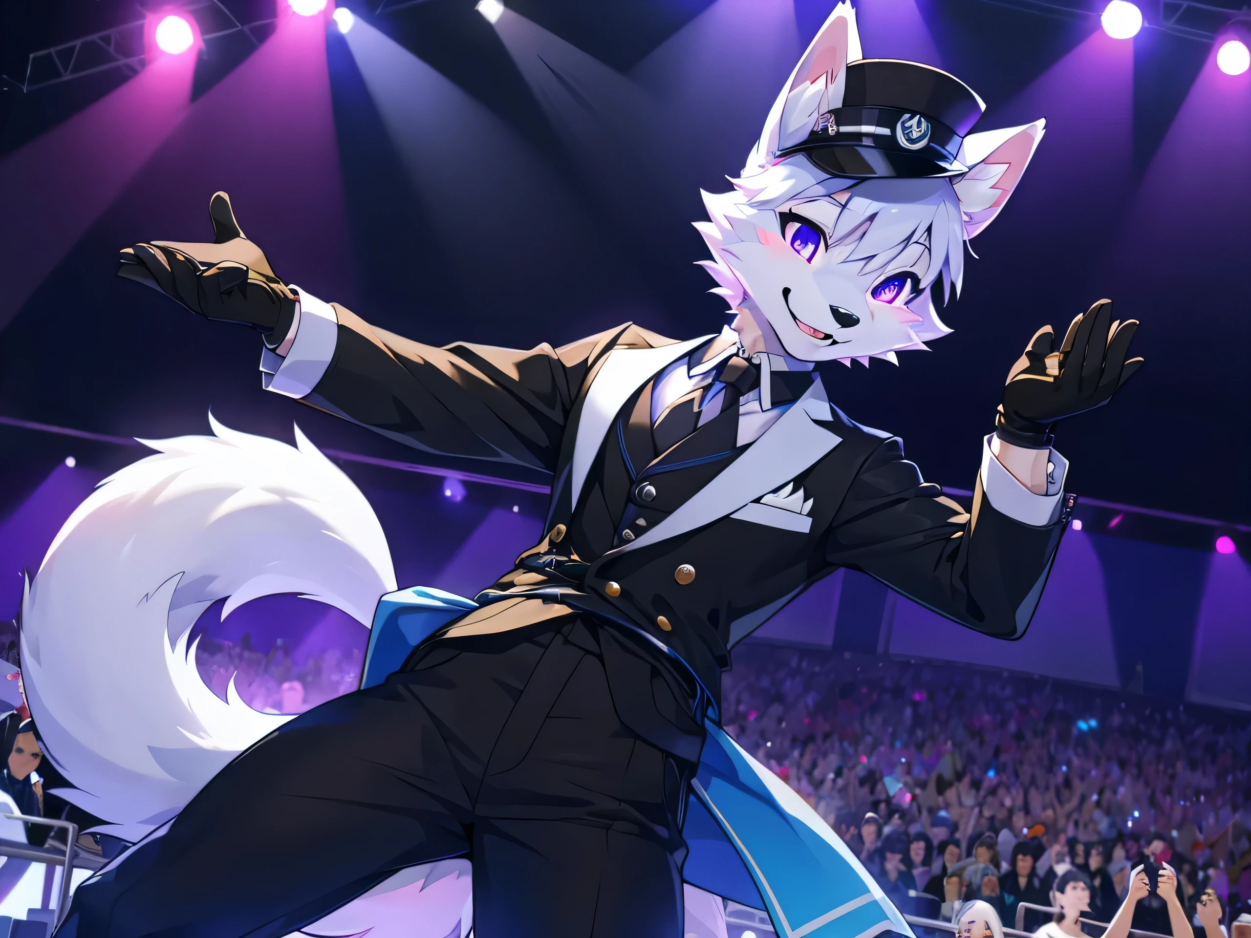 furry,Arctic Fox,man,neon purple eyes(Realistic eye details 1.2),Two tails 1.2(Correct tail details 1.2),correct anatomy,Enter the cute singer.'The costume of,black pants,Realistic costume details,Wave your left hand back and forth..,Wear black gloves..,Look at the audience..,Behind is a lawn and a school building..,Happy smiling face