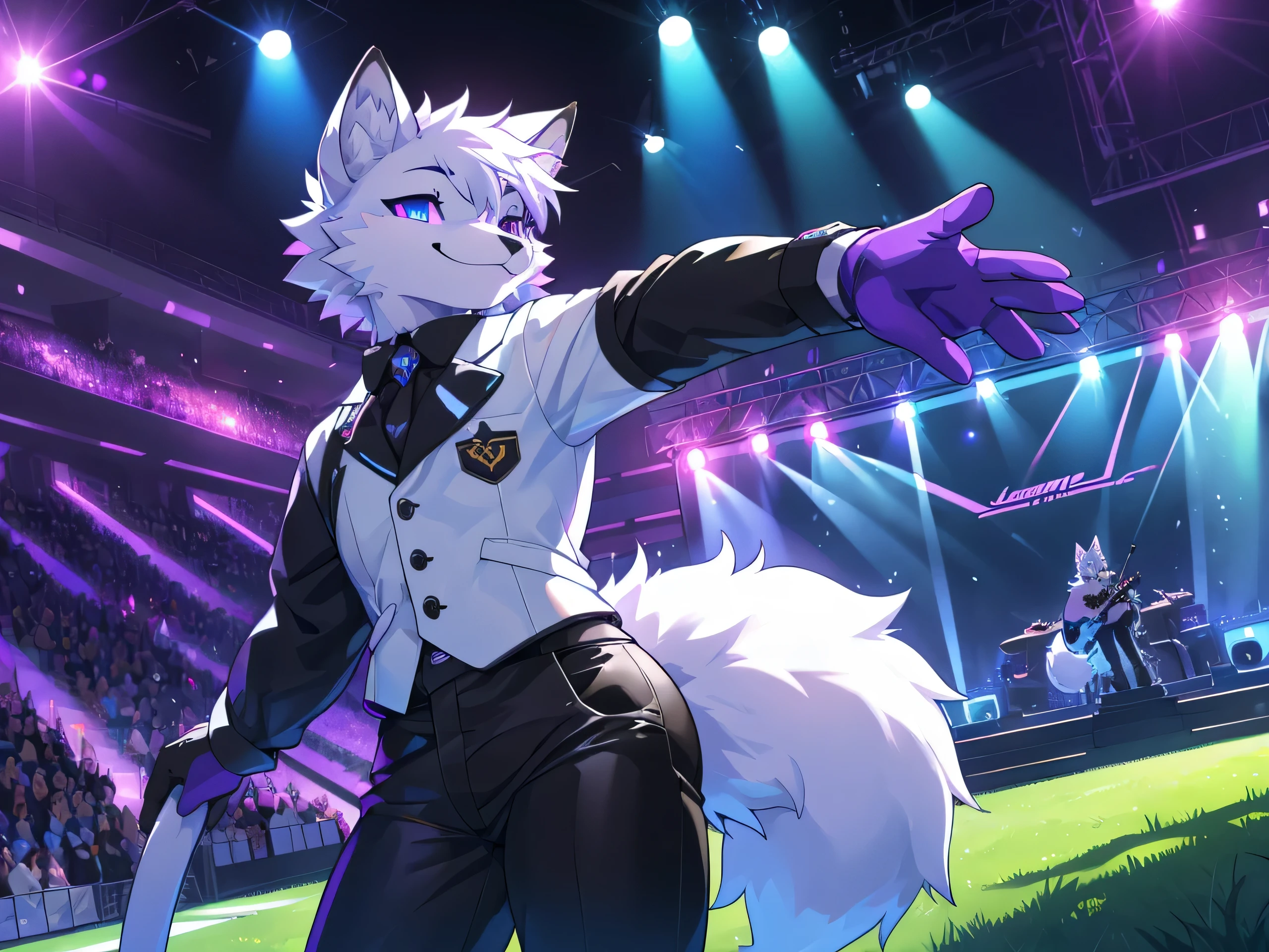 furry,Arctic Fox,man,neon purple eyes(Realistic eye details 1.2),fluffy tail(Correct tail details 1.2),correct anatomy,Enter the cute singer.'The costume of,black pants,Realistic costume details,Wave your left hand back and forth..,Wear black gloves..,Look at the audience..,Behind is a lawn and a school building..,Happy smiling face