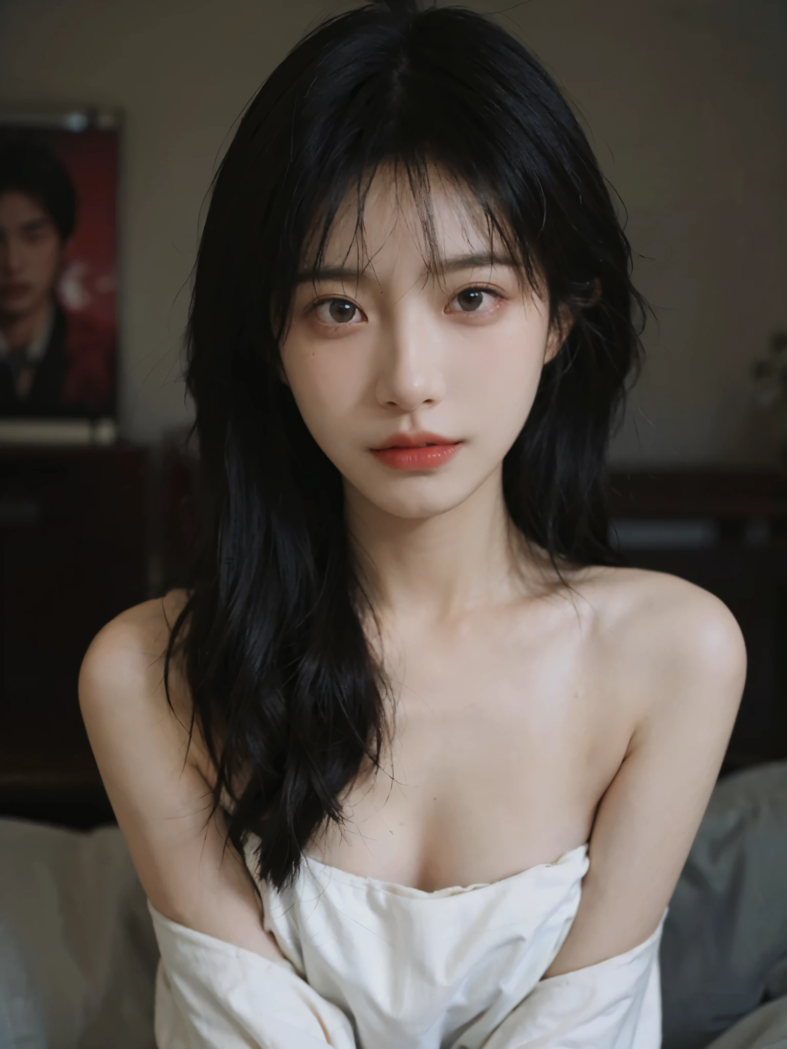 Film portrait photography, 1 girl, bare shoulders,lipstick,(flat chest:1.4), Shoulder length wavy hair, serene, calm, (Realistic and detailed eyes, natural skin texture, Realistic facial details), Soft dramatic lighting, depth of field, Bokeh, Vibrant details, detailed meticulous, hyper-realistic, 35mm film, hazy, ,