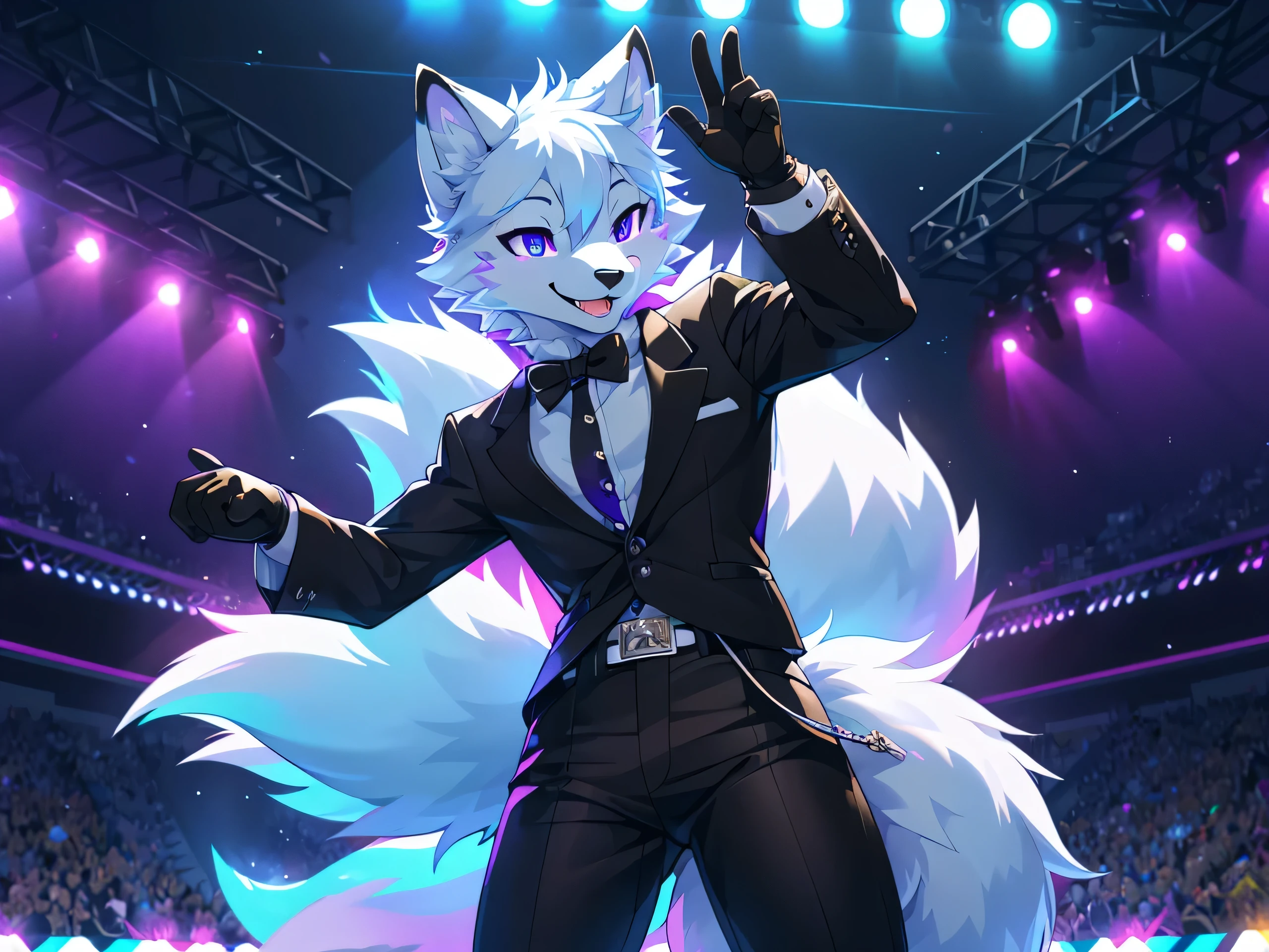 furry,Arctic Fox,man,neon purple eyes(Realistic eye details 1.2),fluffy tail(Realistic tail details 1.5),correct anatomy,Enter the cute singer.'The costume of,black pants,Realistic costume details,Wave your left hand back and forth..,Wear black gloves..,Look at the audience..,Behind is a lawn and a school building..,Happy smiling face