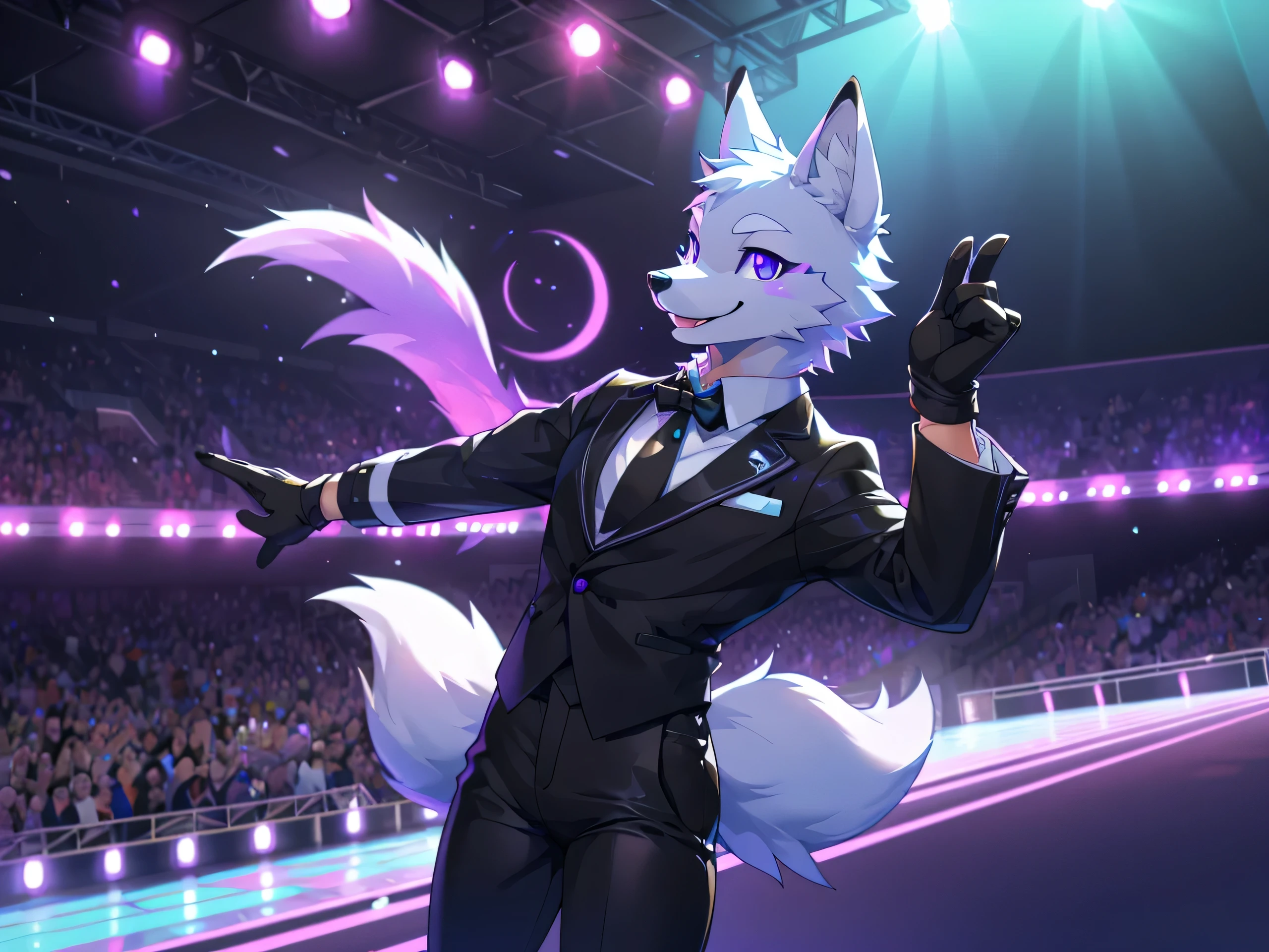 furry,Arctic Fox,man,neon purple eyes(Realistic eye details 1.2),(Realistic tail details 1.5),correct anatomy,Enter the cute singer.'The costume of,black pants,Realistic costume details,Wave your left hand back and forth..,Wear black gloves..,Look at the audience..,Behind is a lawn and a school building..,Happy smiling face