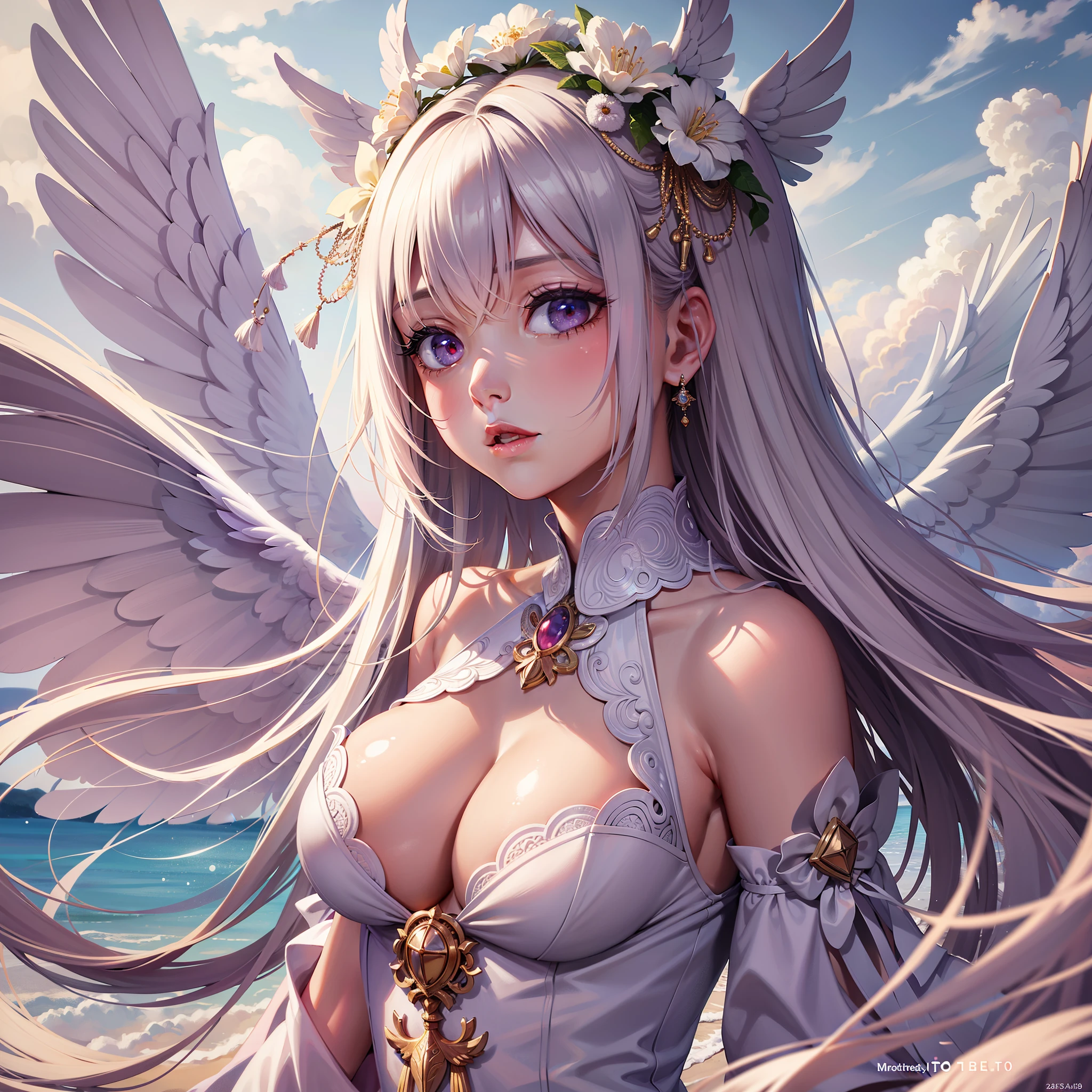 ((RAW photo)), ((masterpiece)), Anthropomorphic Humanoid Angel Girl in White Noble Robe, intricate details, futobot, Complex Griebles works, The sky behind, pink, beautiful wings, detailed eyes and lips