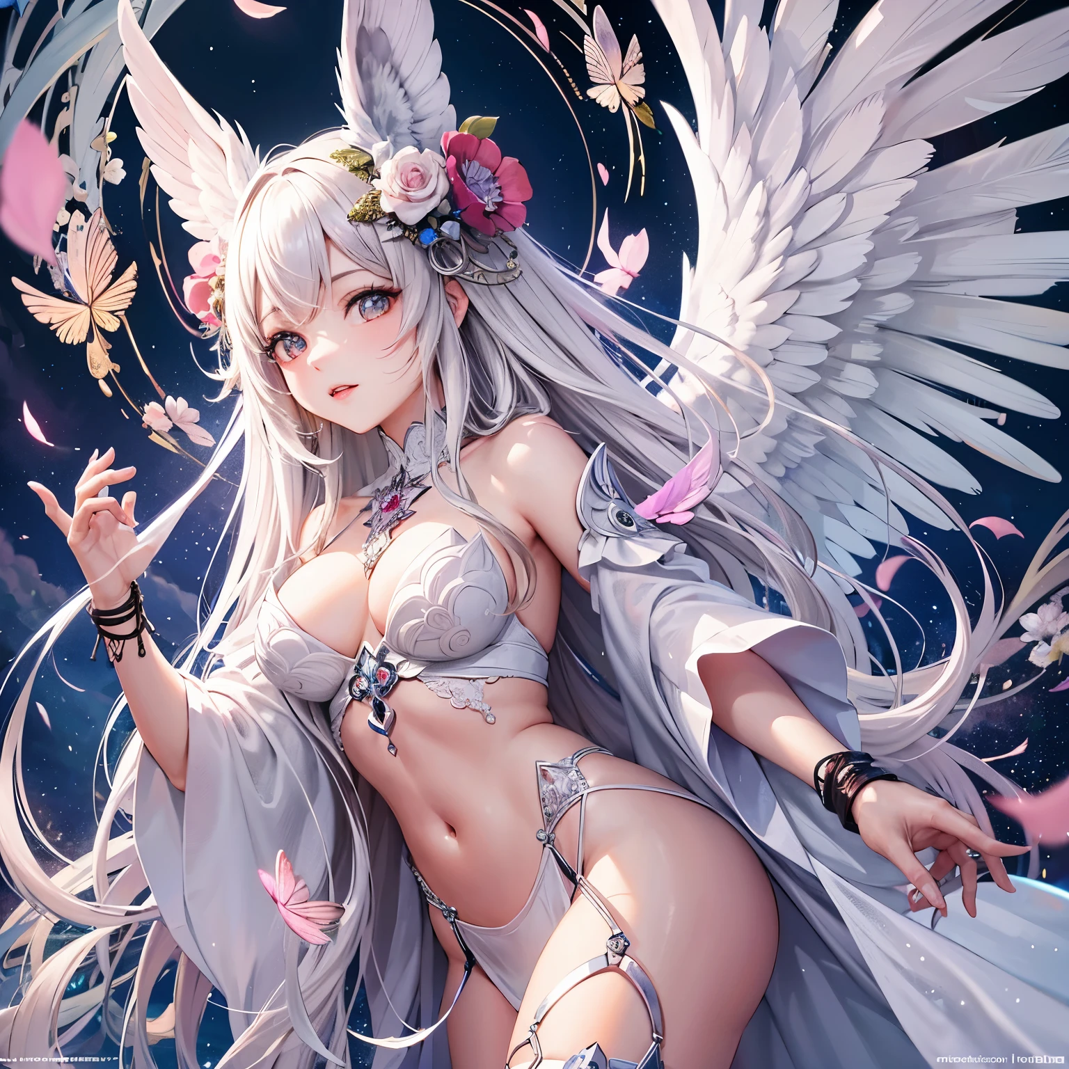 ((RAW photo)), ((masterpiece)), Anthropomorphic Humanoid Angel Girl in White Noble Robe, intricate details, futobot, Complex Griebles works, The sky behind, pink, beautiful wings, detailed eyes and lips