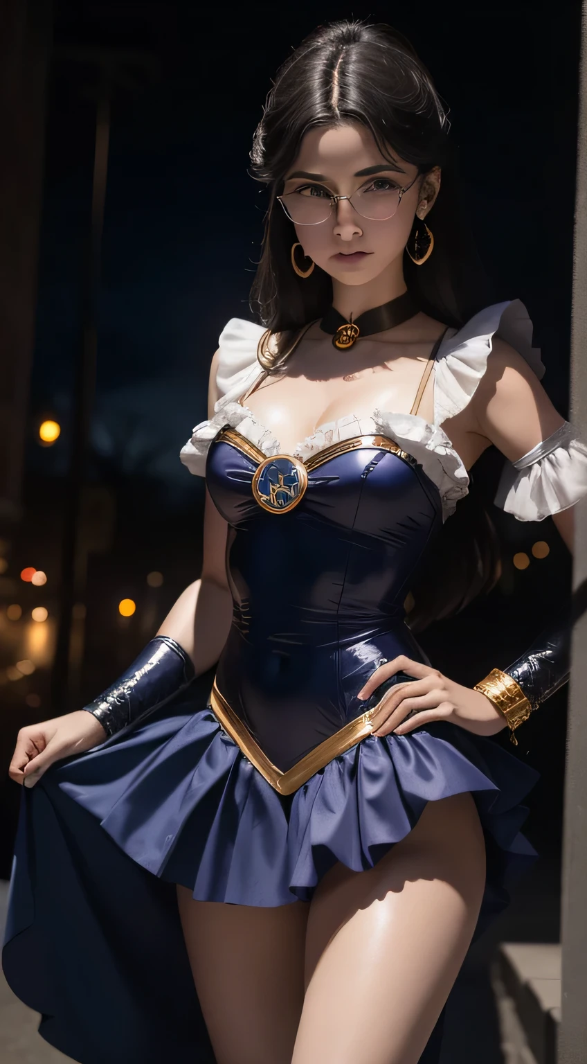 Bela garota indiana, 14 anos, sailor moon halloween costume, exquisite cosplay design and craftsmanship, authentic detailed, seios pequenos, lindos seios boca pequena, Pernas lindas, corpo de modelo, botinha de salto, eyeglass, camera aiming under dress
