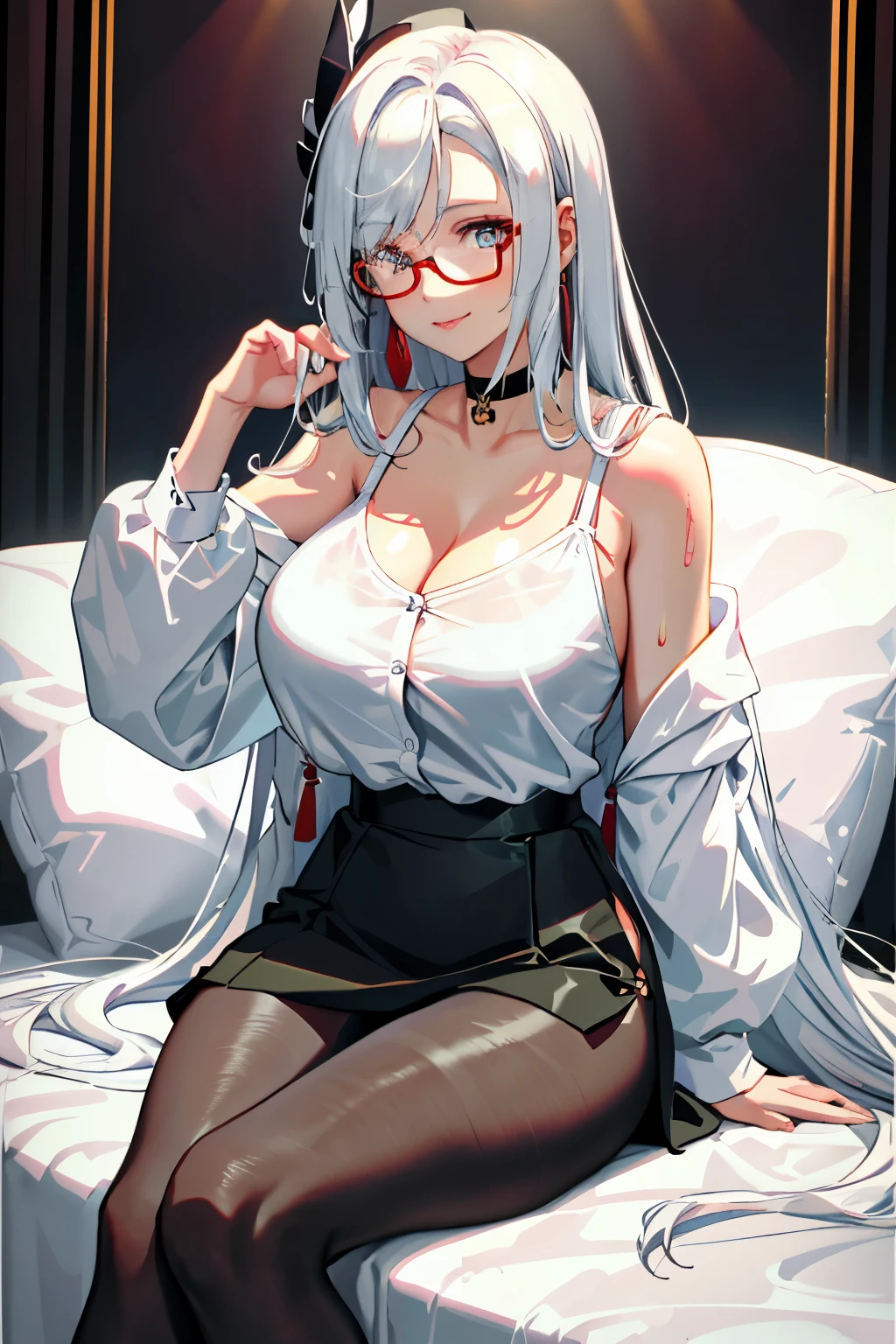 ((masterpiece)), ((best quality)), 1girl, long bangs, black choker, black skirt, blush, choker, cleavage, collarbone, collared shirt, glasses, huge breasts, very long hair, long sleeves, looking at viewer, (office lady,bangs, White hair), implacable \(azur lane\), teacher, mature female, parted lips, blue eyes, round eyewear, see-through, smile, solo, sweat, white shirt, sitting, clossed legs, panties, pantyhose