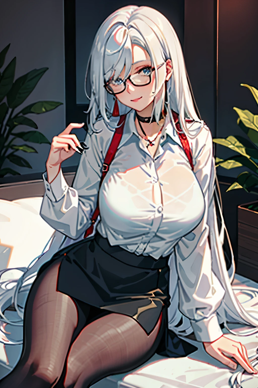 ((masterpiece)), ((best quality)), 1girl, long bangs, black choker, black skirt, blush, choker, cleavage, collarbone, collared shirt, glasses, huge breasts, very long hair, long sleeves, looking at viewer, (office lady,bangs, White hair), implacable \(azur lane\), teacher, mature female, parted lips, blue eyes, round eyewear, see-through, smile, solo, sweat, white shirt, sitting, clossed legs, panties, pantyhose