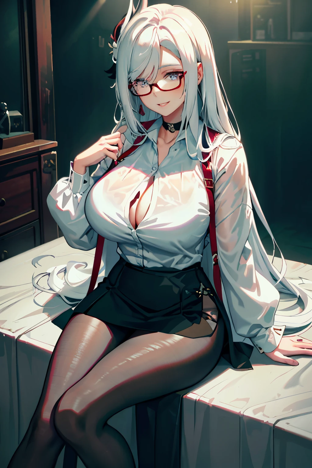 ((masterpiece)), ((best quality)), 1girl, long bangs, black choker, black skirt, blush, choker, cleavage, collarbone, collared shirt, glasses, huge breasts, very long hair, long sleeves, looking at viewer, (office lady,bangs, White hair), implacable \(azur lane\), teacher, mature female, parted lips, blue eyes, round eyewear, see-through, smile, solo, sweat, white shirt, sitting, clossed legs, panties, pantyhose