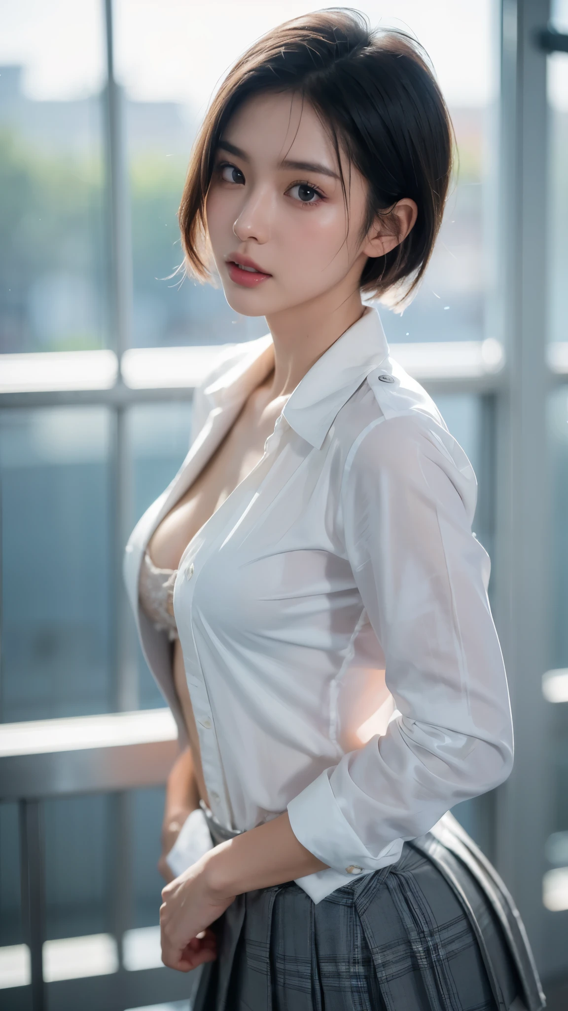 (detailed sci-fi scene:1.2), style of glitter and chrome, Cinematic photography, a cute girl, 22 years old, short silver hair, (showing deep cleavage), (tanned oily skin), glossy skin, ((cute face)), Porta 160 color, shot on ARRI ALEXA 65, bokeh lights, sharp focus on subject, highest details, photorealistic, high background details,high face details, action atmosphere, godrays, 8k, raytracing, ((detailed dramatic background)), (sexy school uniform), open shirt, photography, ultra-realistic, oily skin, sweat, shiny skin, dynamic pose, flirting, seducing, moaning, ahegao, kawaii, dramatic scene, dramatic lighting, color graded, dynamic angle, glitter and chrome,