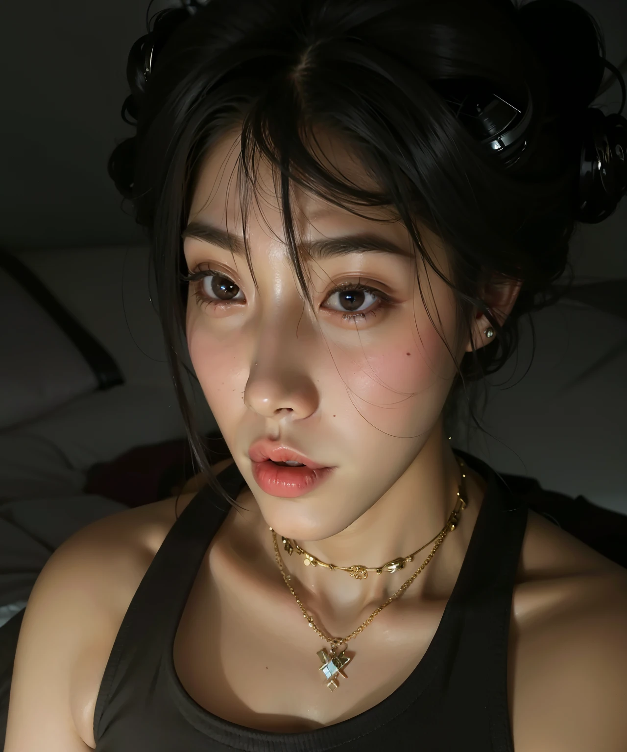 there is a woman with a necklace around her neck lying on the bed, Jinyoung Shin, taken at the beginning of 2020, hyung tae, cute japanese demon boy, taejune kim, Hong junho hyung, Kim Doyoung, imagem de qualidade muito baixa, foto do perfil 1024px, brilhante da chuva, cruel korean goth girl, com cabelo curto