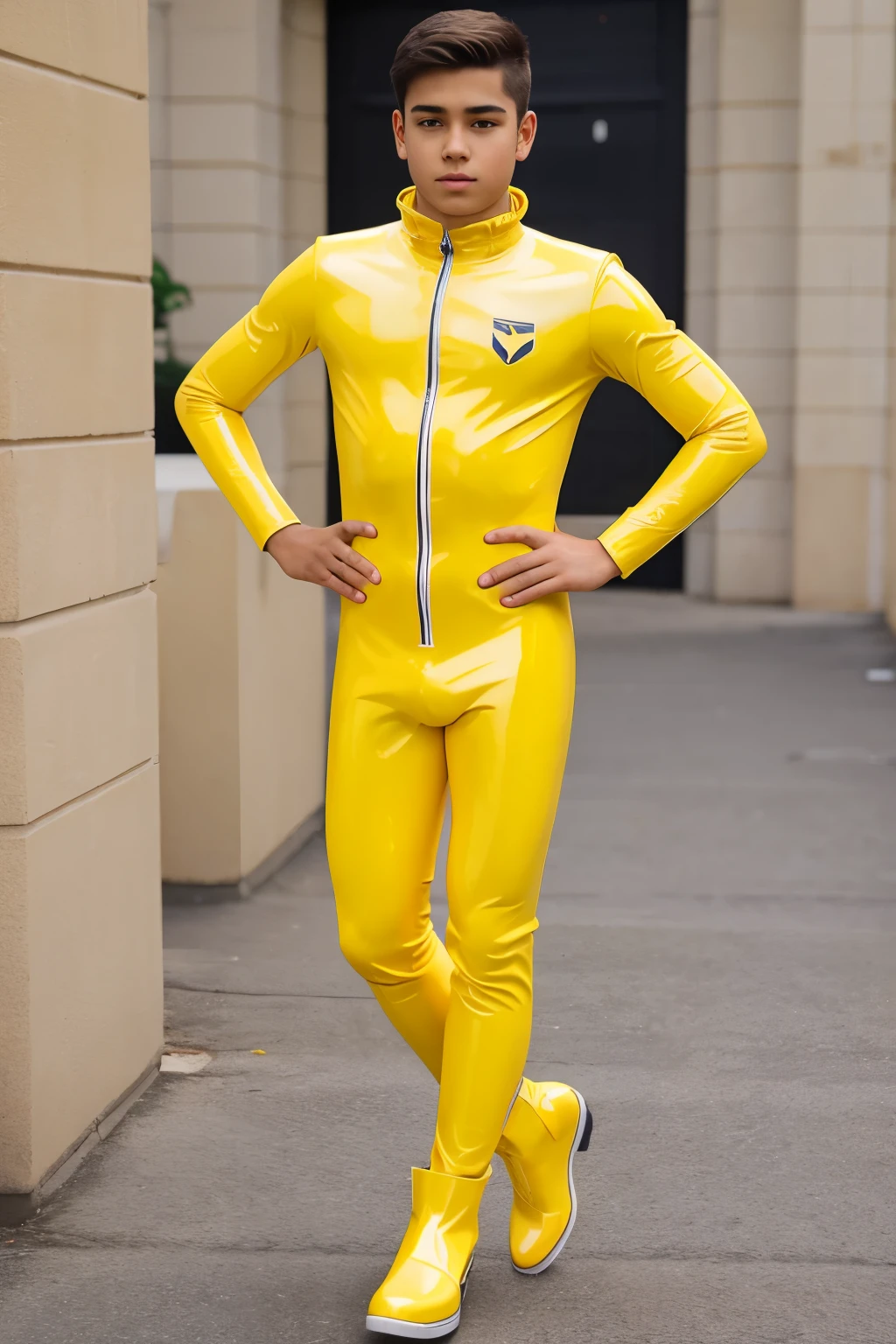 A high school Boy wears a short legs and feet yellow latex catsuit With