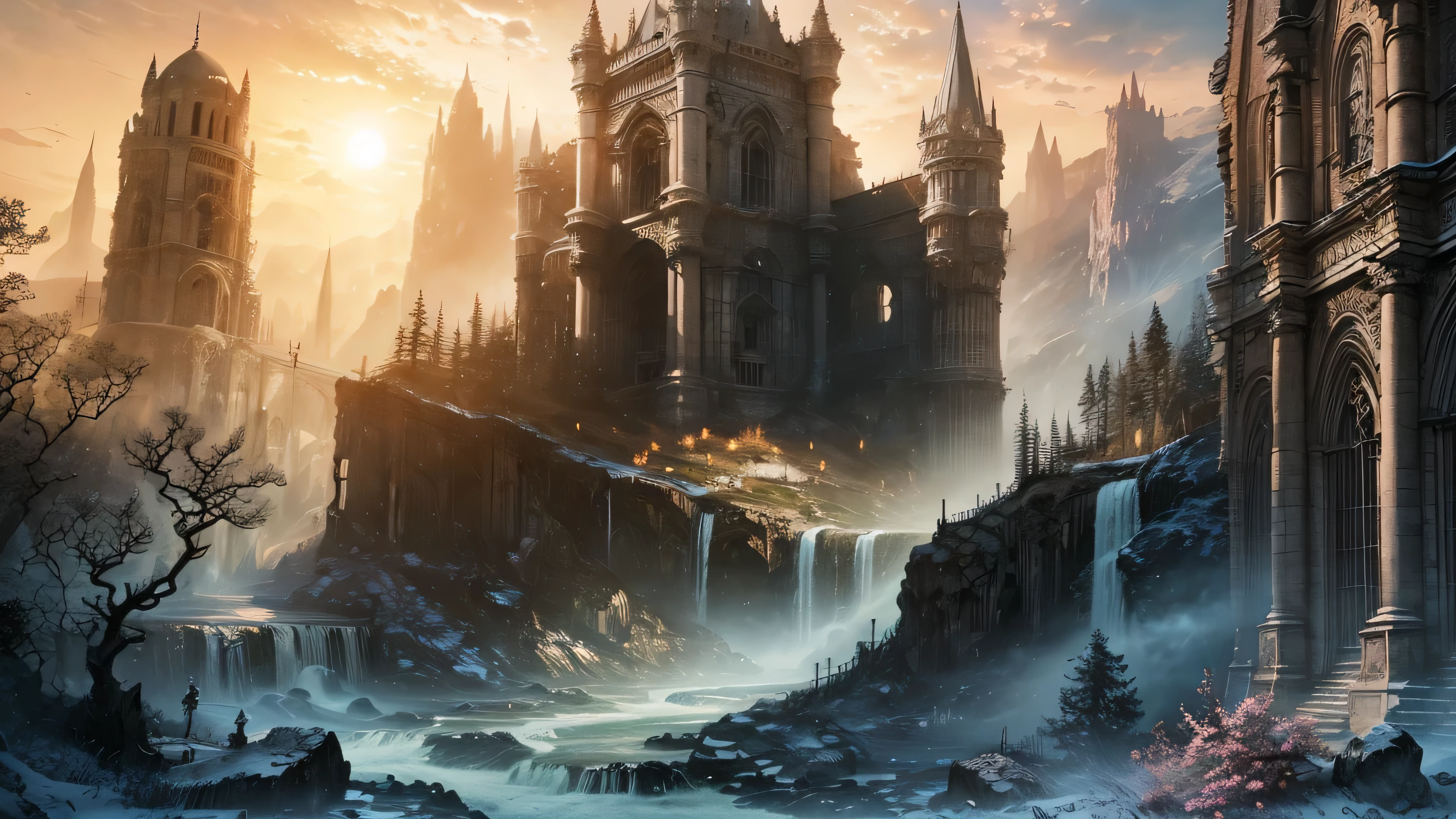 Bela paisagem exuberante, large buildings in ruins, huge ruined bridges, great castles in ruins, templos e colunas antigos e grandes, sky with dense clouds, sol, Lua, floresta com grande, colorful trees, cachoeiras, lindo rio com pedras, campo de profundidade, global illumination, hiper-realista, Efeito vidro quebrado, sem fundo, splendid, algo que nem existe, Being mythical, energia, molecular, Texturas, iridescente e luminescente, breathtaking beauty, pure perfection, Divine Presence, unforgettable, Impressionante, breathtaking beauty, volumetric light, auras, raios, cores vivas refletemlight, auras, raios, cores vivas refletem, aquarela, oil color, trends on artstation, sharp focus, studio photo, detalhes intrincados, altamente detalhado,