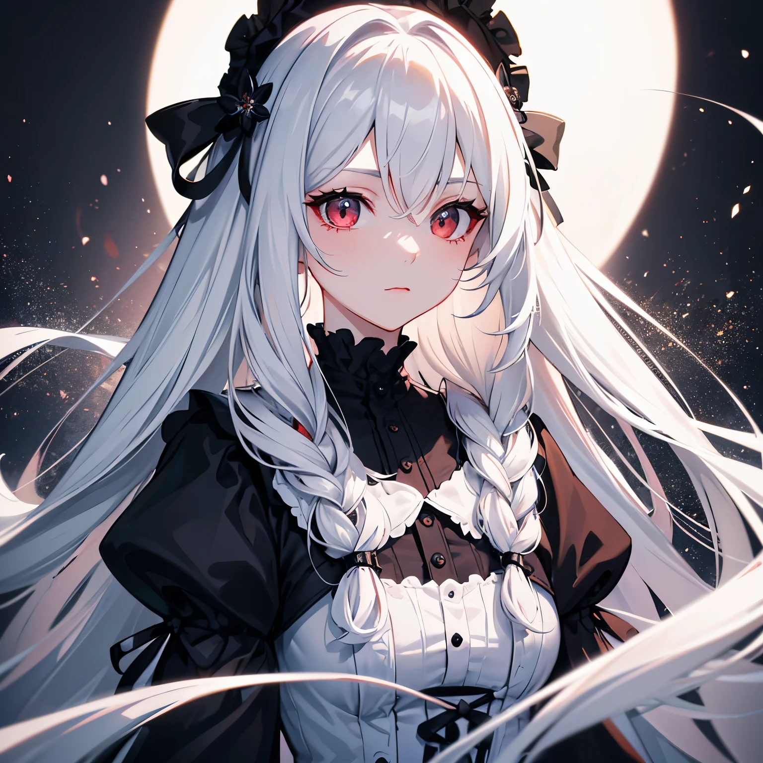 (Very detailed 8K wallpaper), Medium shot of a ta with long white hair, particle illumination, high detail, Hair tips gradually turn red,looking into camera,clean background, wearing black dress,