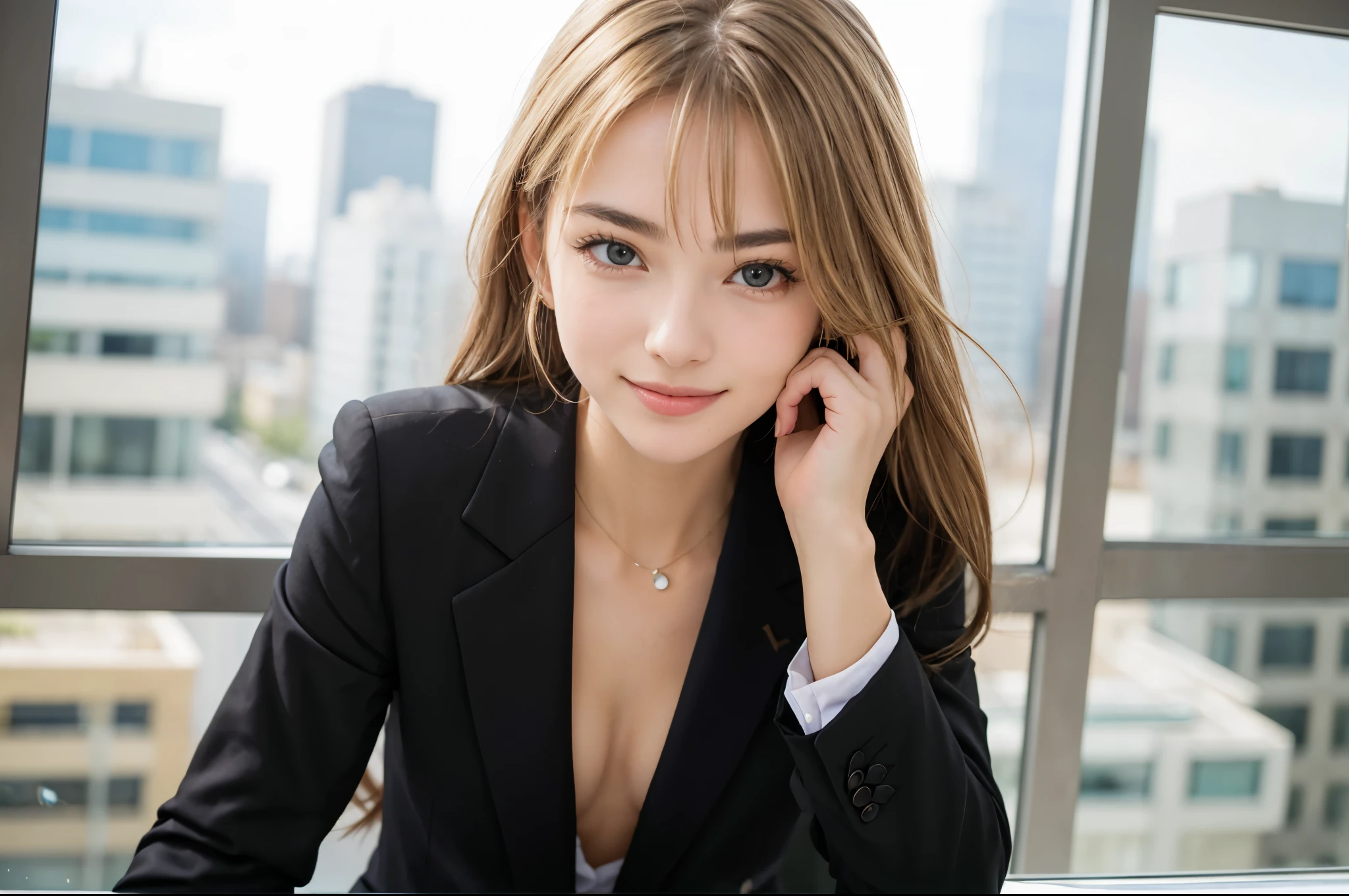 portrait of european girl,alone,20 years,beautiful face,uppser body,hair above one eye,medium side cut, blonde hair, sharp focus,black business suit,titsonastick,happy