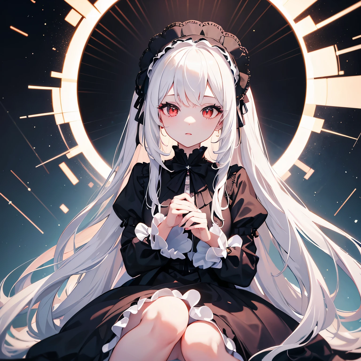 (Very detailed 8K wallpaper), Medium shot of a ta with long white hair, particle illumination, high detail, Hair tips gradually turn red,looking into camera,clean background, wearing black dress,