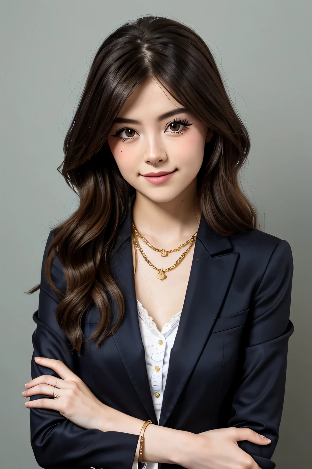 25years old beautiful-looking girl little smile, stylish suit ,(( one standing Celeste Verona looking at camera)), simple one colour background