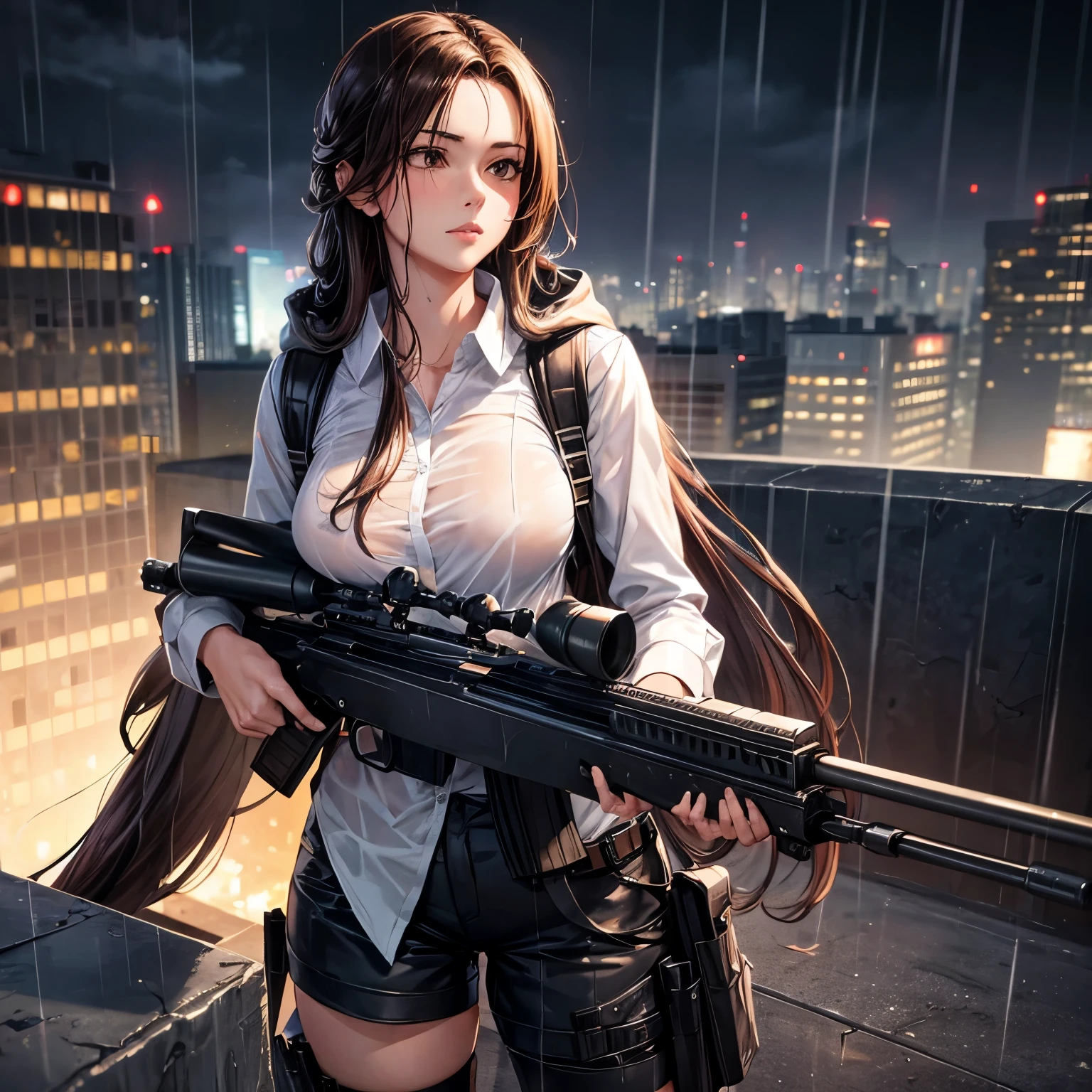 Nonsense, height, maximum detail, realistic, beautiful, sexy woman. Carrying a sniper rifle White shirt with open chest Black coach shirt with long hood Brown eyes, long hair, night time, rooftop, sniper, rain, wet, stockings, shorts, long boots.