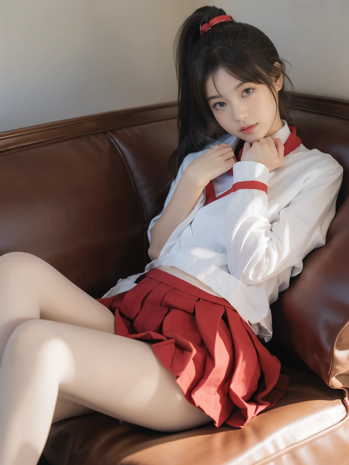 (Extremely detailed CG unified 8k wallpaper), most beautiful artwork in the world, delicate face，1 girl,Korean beauty，Wearing Japanese school uniform，米White的校服，red scarf，miniskirt，pleated skirt，cosplay，White，Lying on the sofa with legs together，Lazy lying，furry sofa，ponytail，Don&#39;t look at the camera