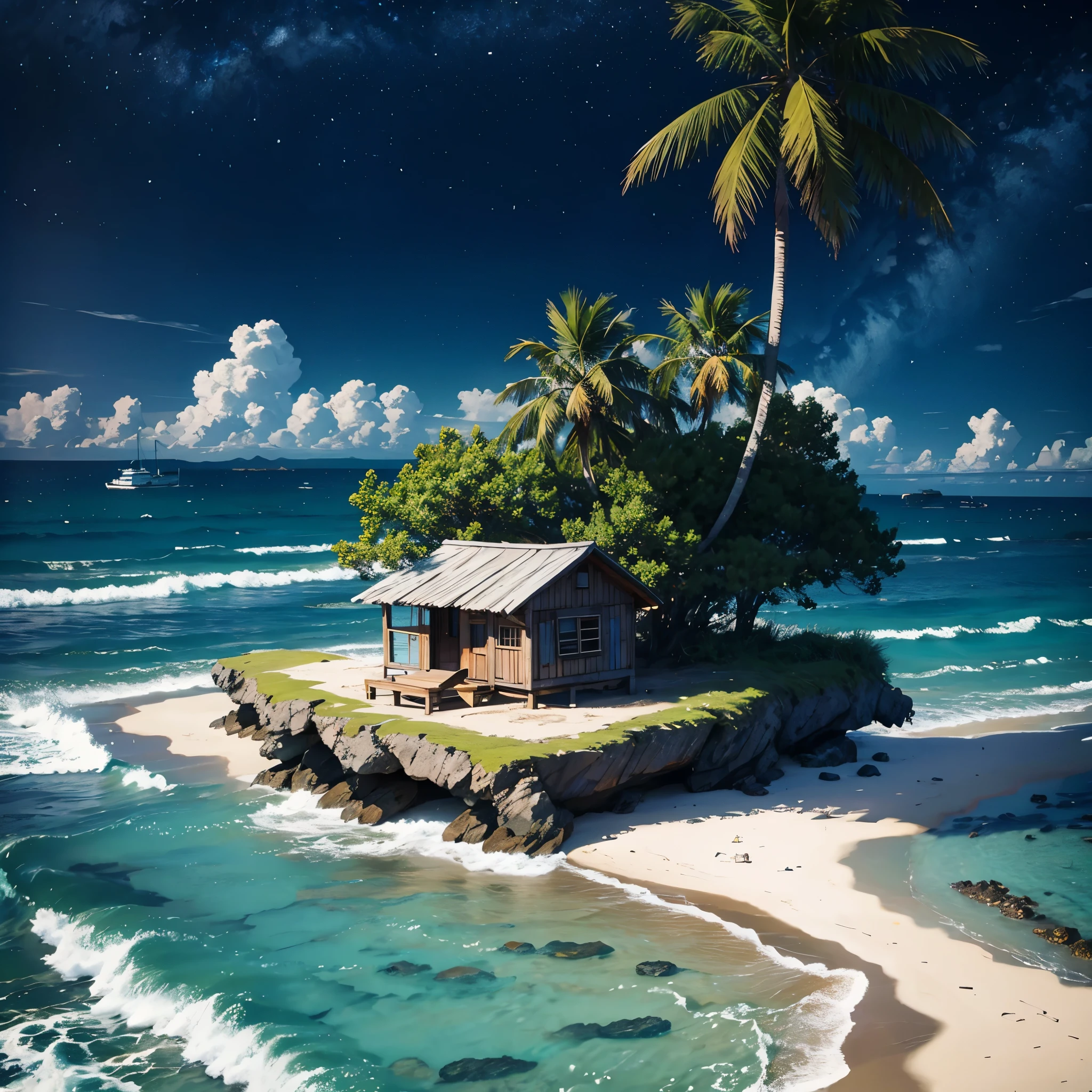 beautiful landscape, masterpiece, lonely old small fisherman shack in a beach, isolated desert island with palm trees at night, dark sky