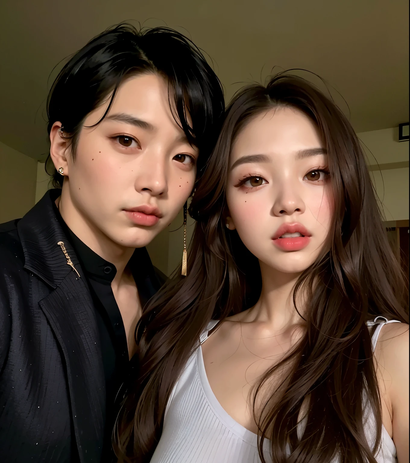 Araffe e uma mulher posando para uma foto em um quarto, South Korean folk makeup, jennie blackpink, Imagem vazada, they are close to each other, maquiagem coreana popular, com hera, imagem de perfil, Jeon Jungkook, level, suave em _ Fundo