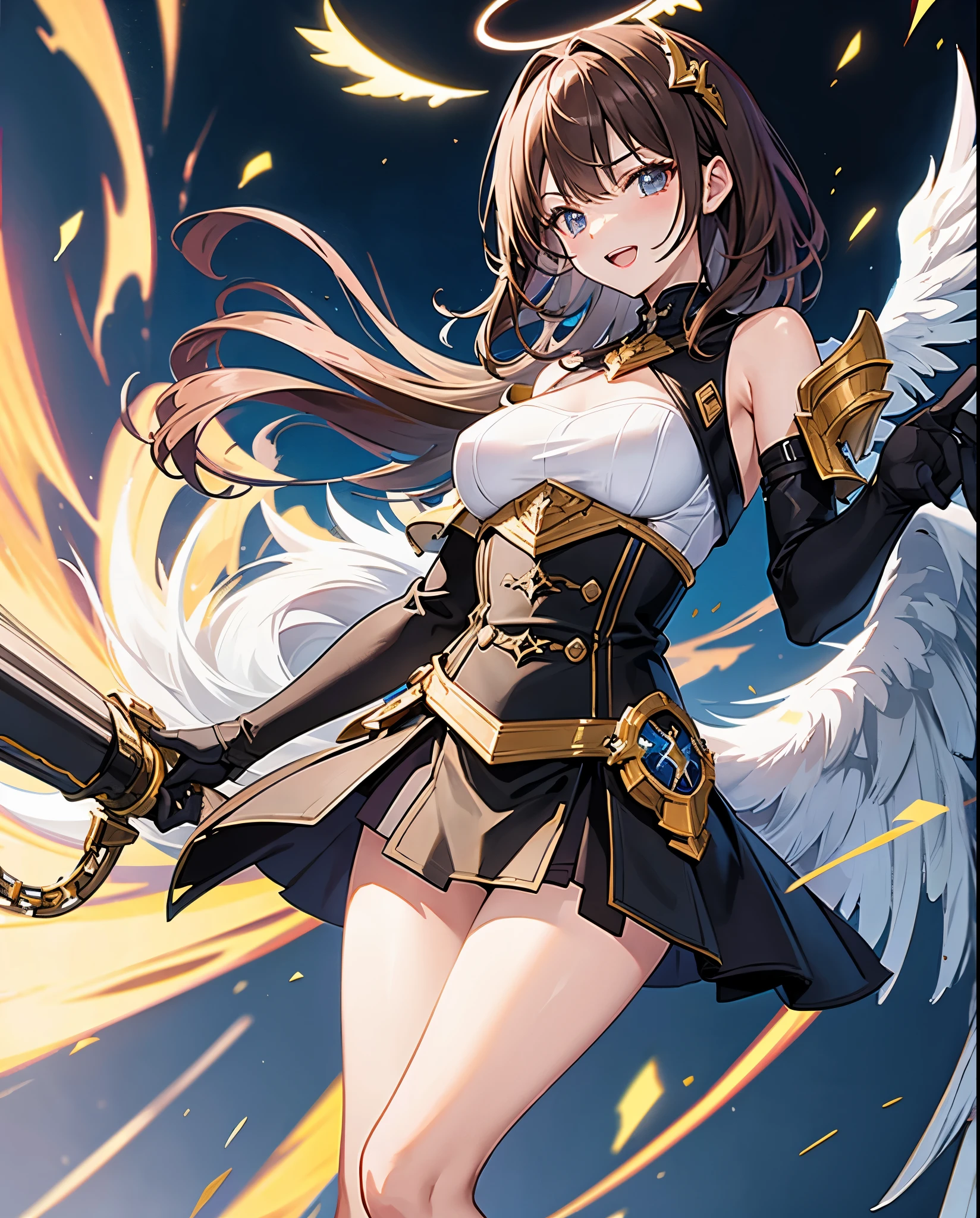 fantasy, 1angel_girl,, ,brown_hair, medium_bob_hair, long_bangs, halo,bare_shoulder,thighhighs,silver_armor, waist_armor, large_breasts,angry,grinning,open_mouth_teeth, 1pair_wings, dynamic_pose_fighting,floating, bare_crotch, headgear,gauntlet, greaves,city_sky_background,slightly_spread_legs, solo, groin_naked,